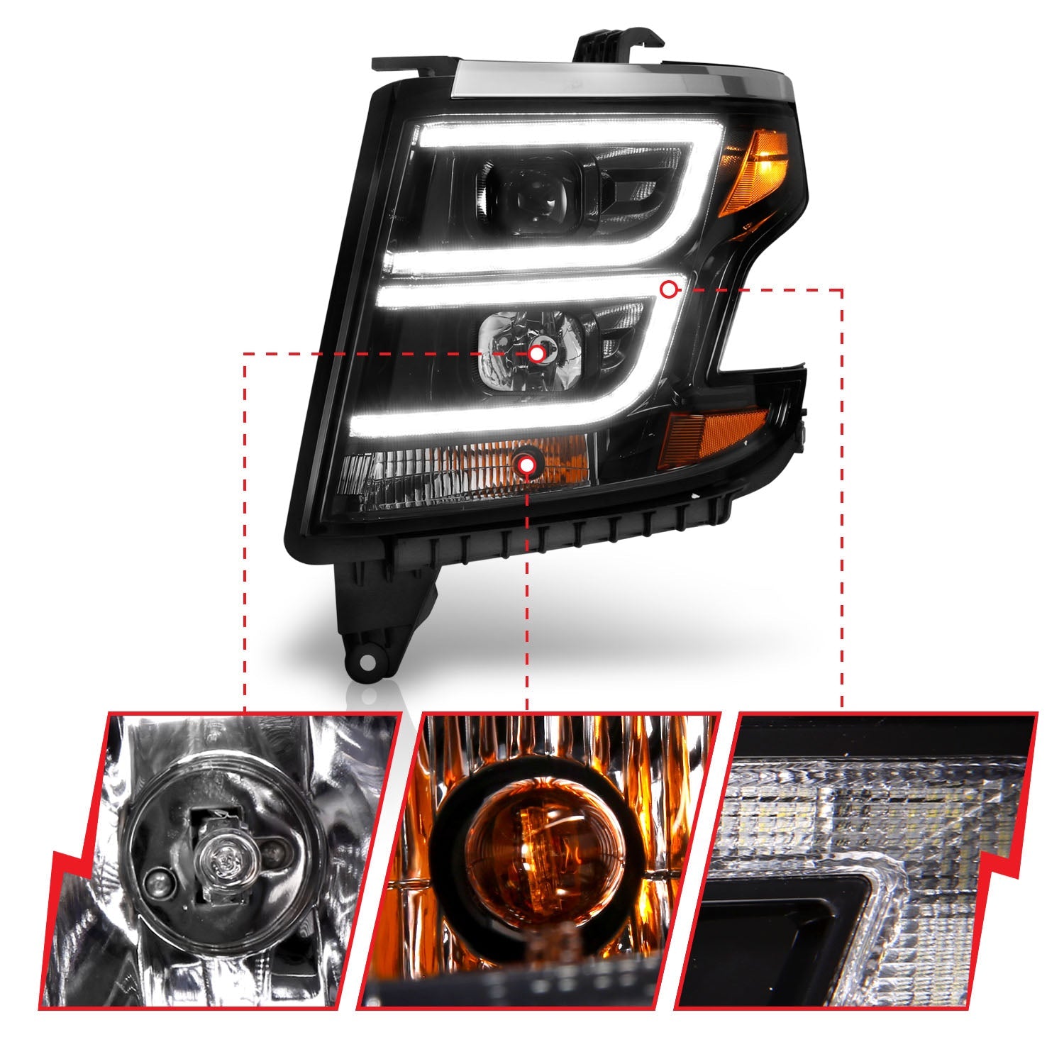 CHEVY TAHOE/SUBURBAN 15-20 PROJECTOR C BAR HEADLIGHTS BLACK W/ DRL
