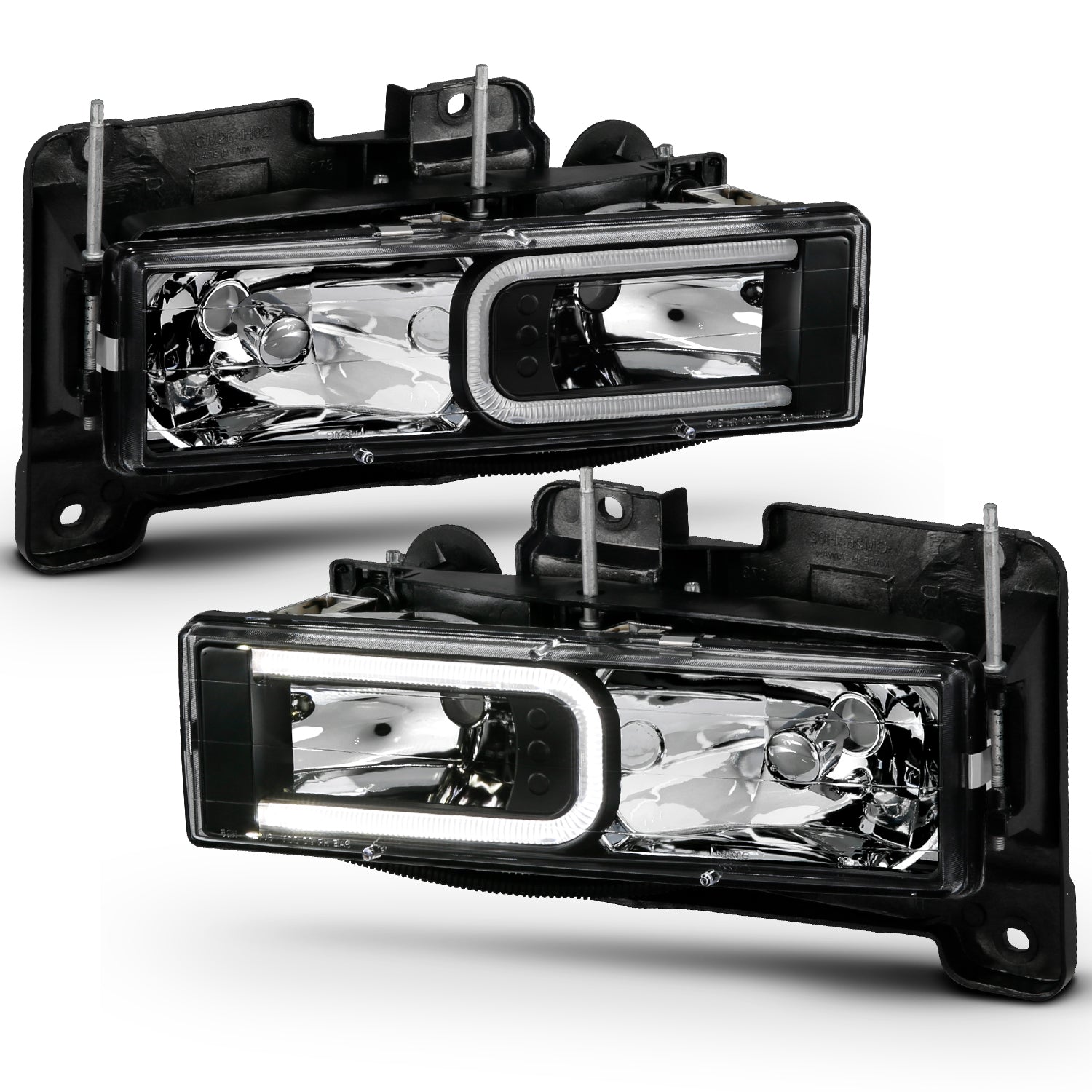 CHEVY/GMC C/K 1500/2500 88-98 / C/K 3500 88-00 / SUBURBAN 92-99 / BLAZER (FULL-SIZE) 92-94 / TAHOE 95-99 / YUKON 92-99 CRYSTAL C BAR HEADLIGHTS BLACK (BULBS NOT INCLUDED)