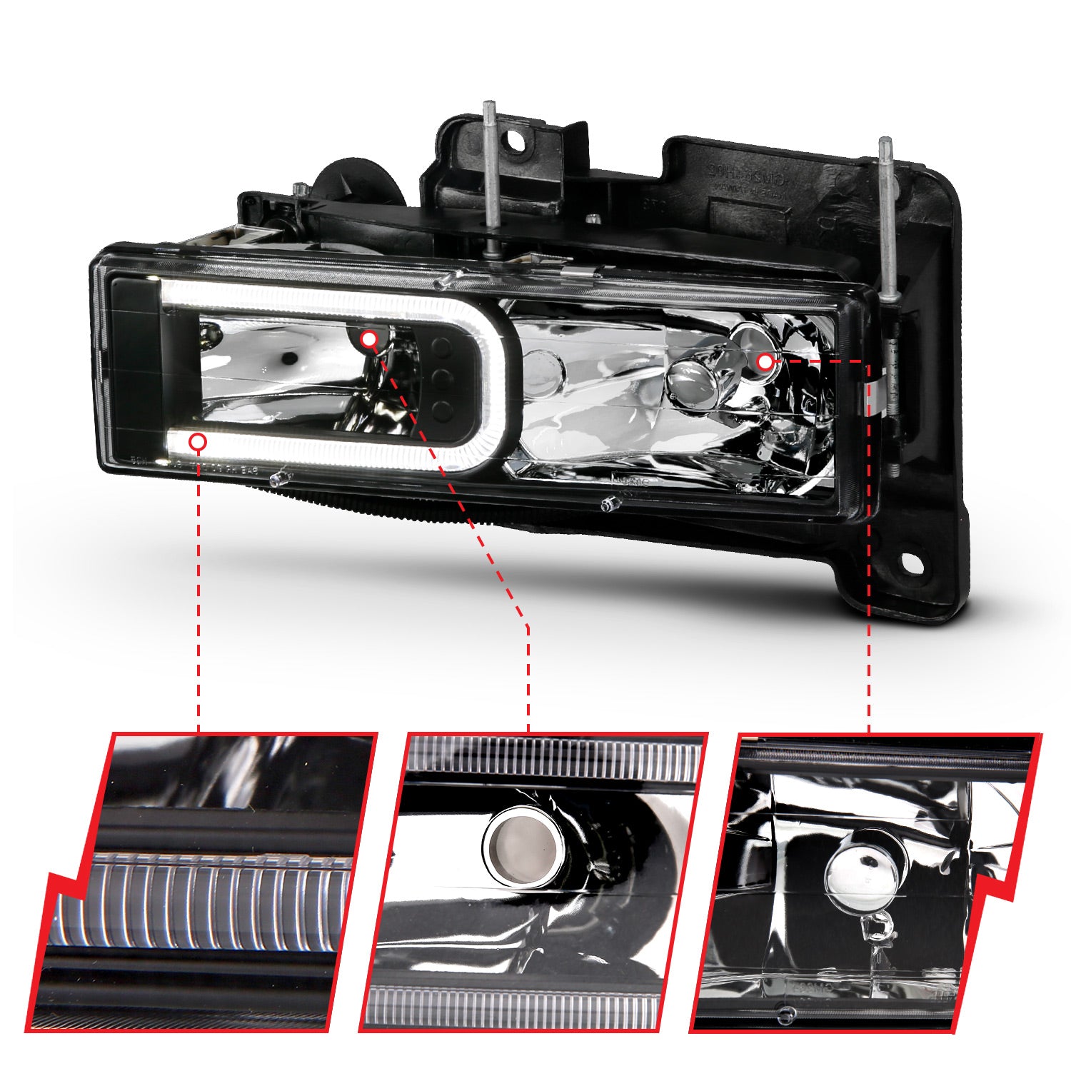 CHEVY/GMC C/K 1500/2500 88-98 / C/K 3500 88-00 / SUBURBAN 92-99 / BLAZER (FULL-SIZE) 92-94 / TAHOE 95-99 / YUKON 92-99 CRYSTAL C BAR HEADLIGHTS BLACK (BULBS NOT INCLUDED)