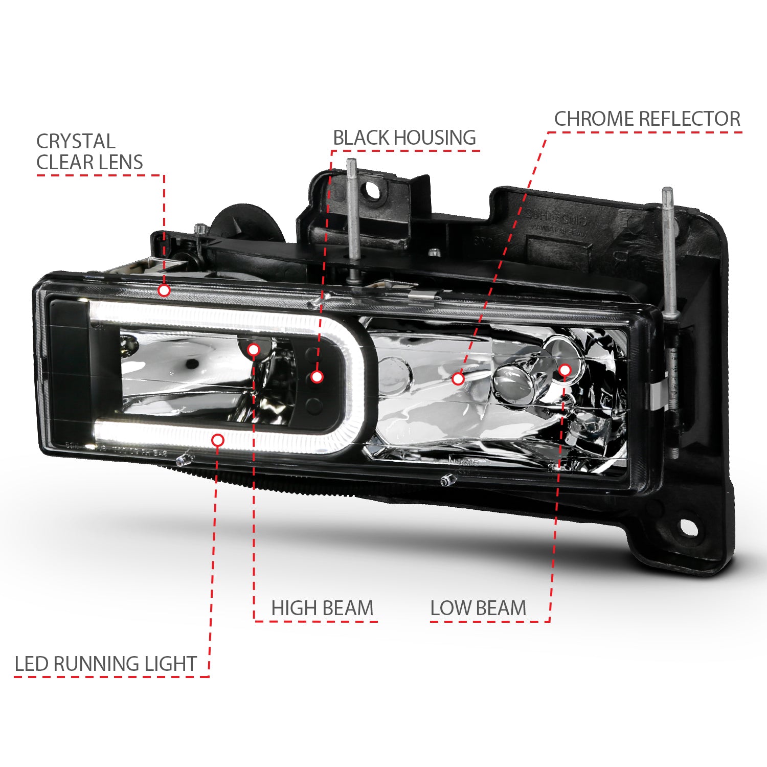 CHEVY/GMC C/K 1500/2500 88-98 / C/K 3500 88-00 / SUBURBAN 92-99 / BLAZER (FULL-SIZE) 92-94 / TAHOE 95-99 / YUKON 92-99 CRYSTAL C BAR HEADLIGHTS BLACK (BULBS NOT INCLUDED)
