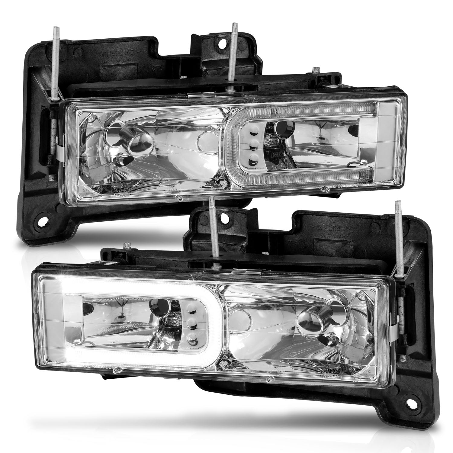 CHEVY/GMC C/K 1500/2500 88-98 / C/K 3500 88-00 / SUBURBAN 92-99 / BLAZER (FULL-SIZE) 92-94 / TAHOE 95-99 / YUKON 92-99 CRYSTAL C BAR HEADLIGHTS CHROME (BULBS NOT INCLUDED)