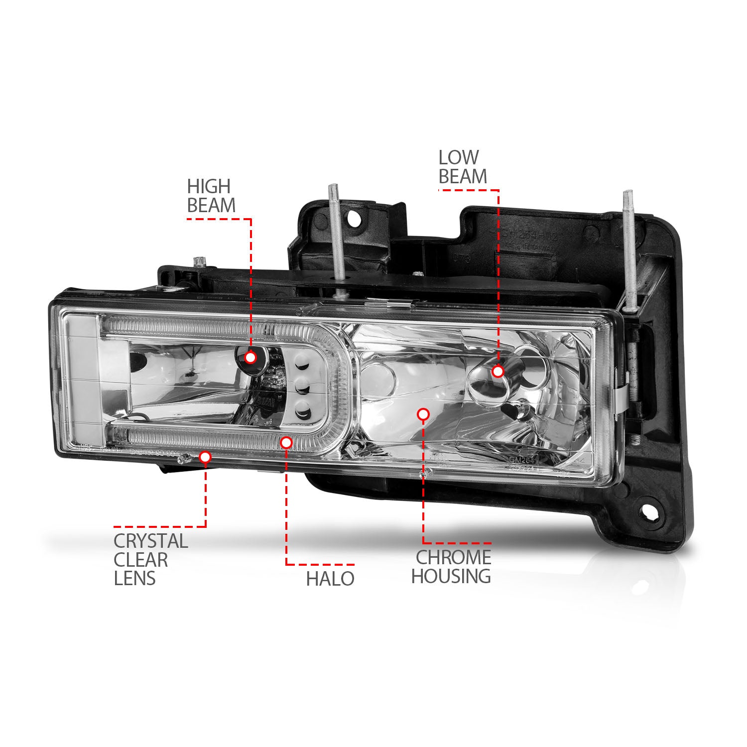 CHEVY/GMC C/K 1500/2500 88-98 / C/K 3500 88-00 / SUBURBAN 92-99 / BLAZER (FULL-SIZE) 92-94 / TAHOE 95-99 / YUKON 92-99 CRYSTAL C BAR HEADLIGHTS CHROME (BULBS NOT INCLUDED)
