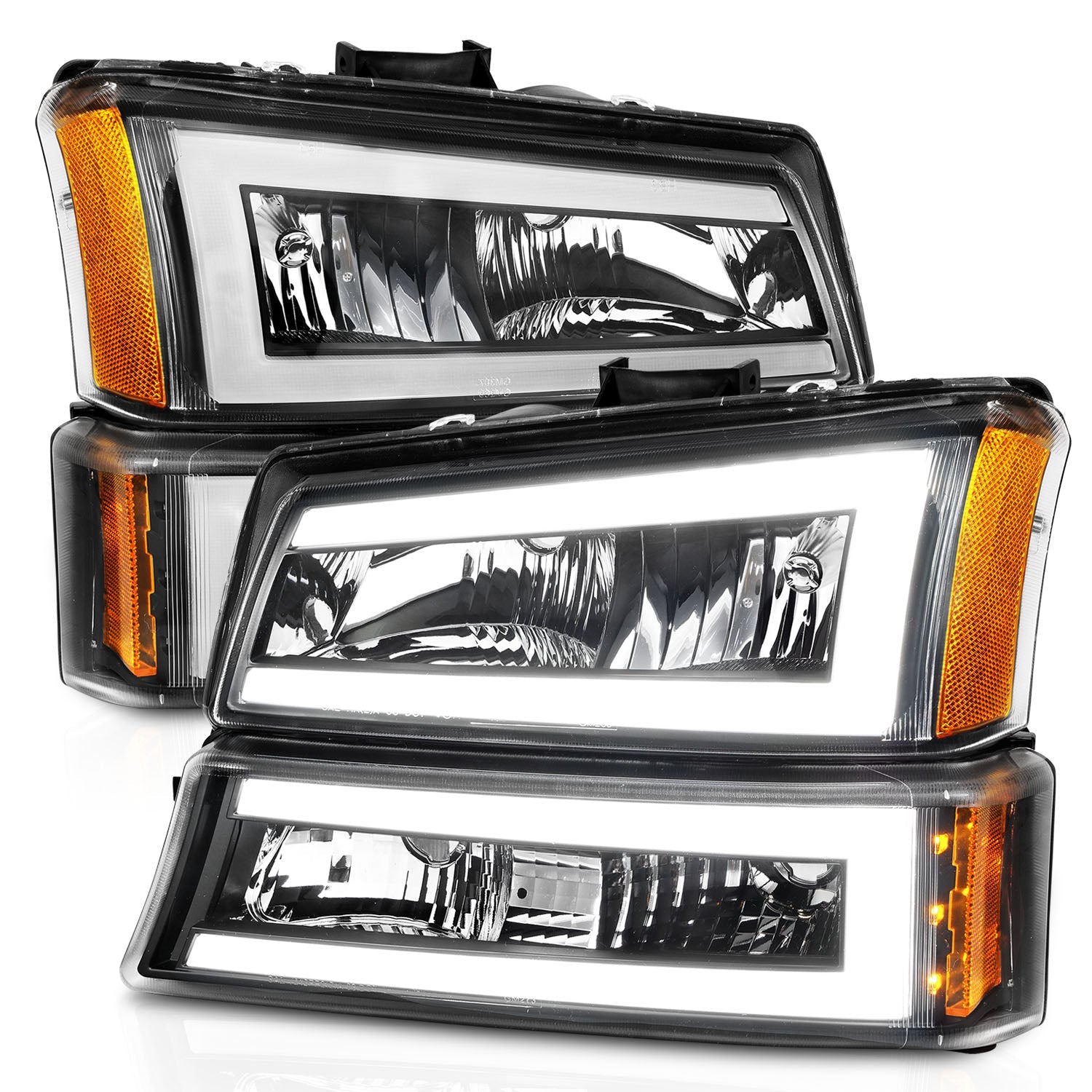 CHEVY SILVERADO / AVALANCHE 03-06 / 07 CLASSIC CRYSTAL LED PLANK HEADLIGHTS W/ PARKING/SIGNAL LIGHT BLACK(4 PCS)