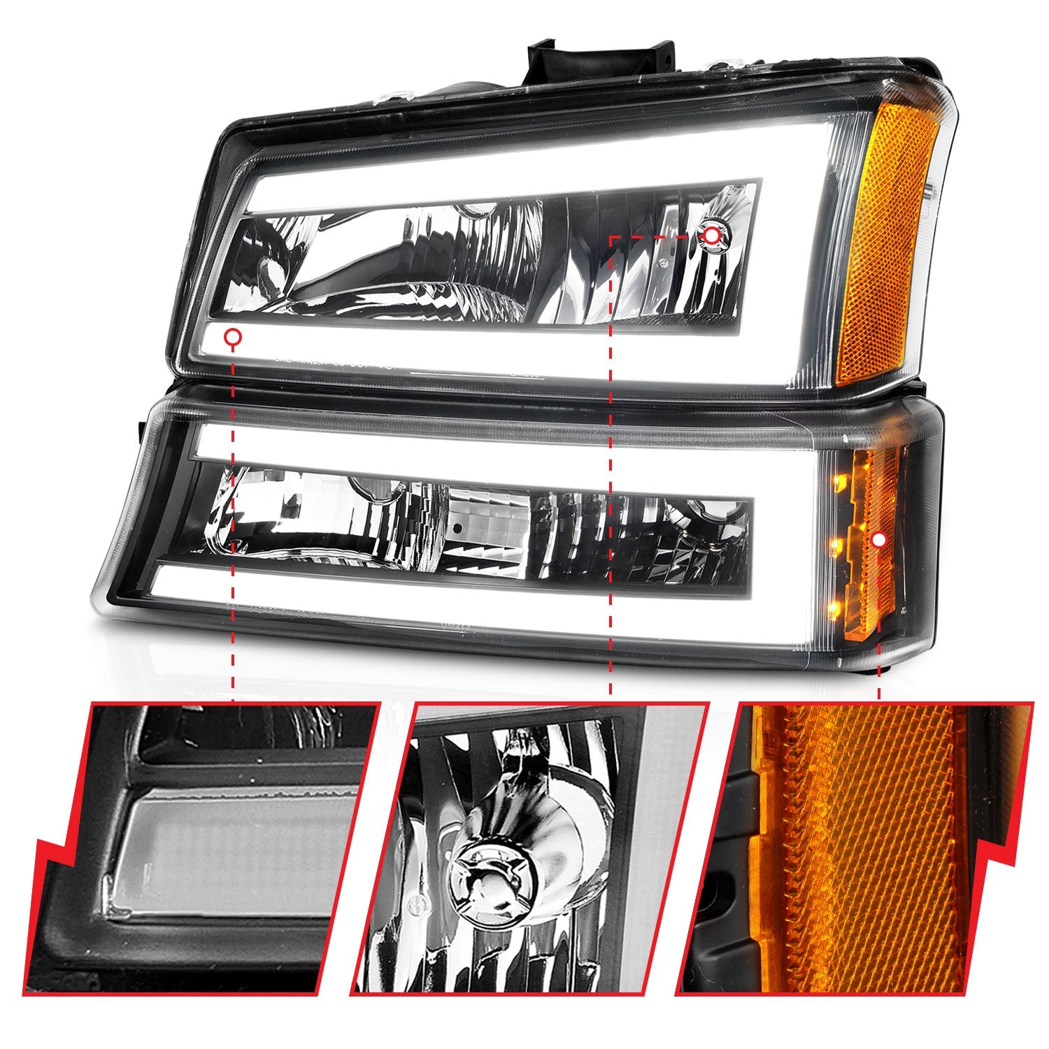 CHEVY SILVERADO / AVALANCHE 03-06 / 07 CLASSIC CRYSTAL LED PLANK HEADLIGHTS W/ PARKING/SIGNAL LIGHT BLACK(4 PCS)