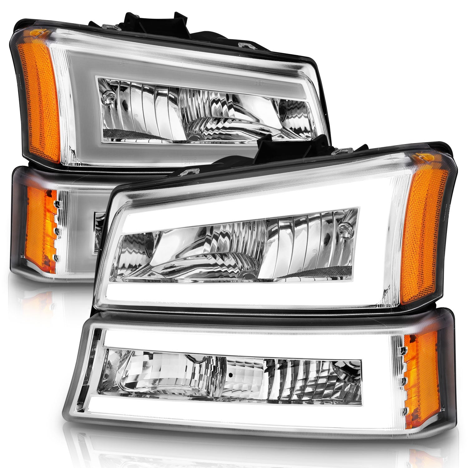 CHEVY SILVERADO / AVALANCHE 03-06 / 07 CLASSIC CRYSTAL LED PLANK HEADLIGHTS W/ PARKING/SIGNAL LIGHT CHROME(4 PCS)