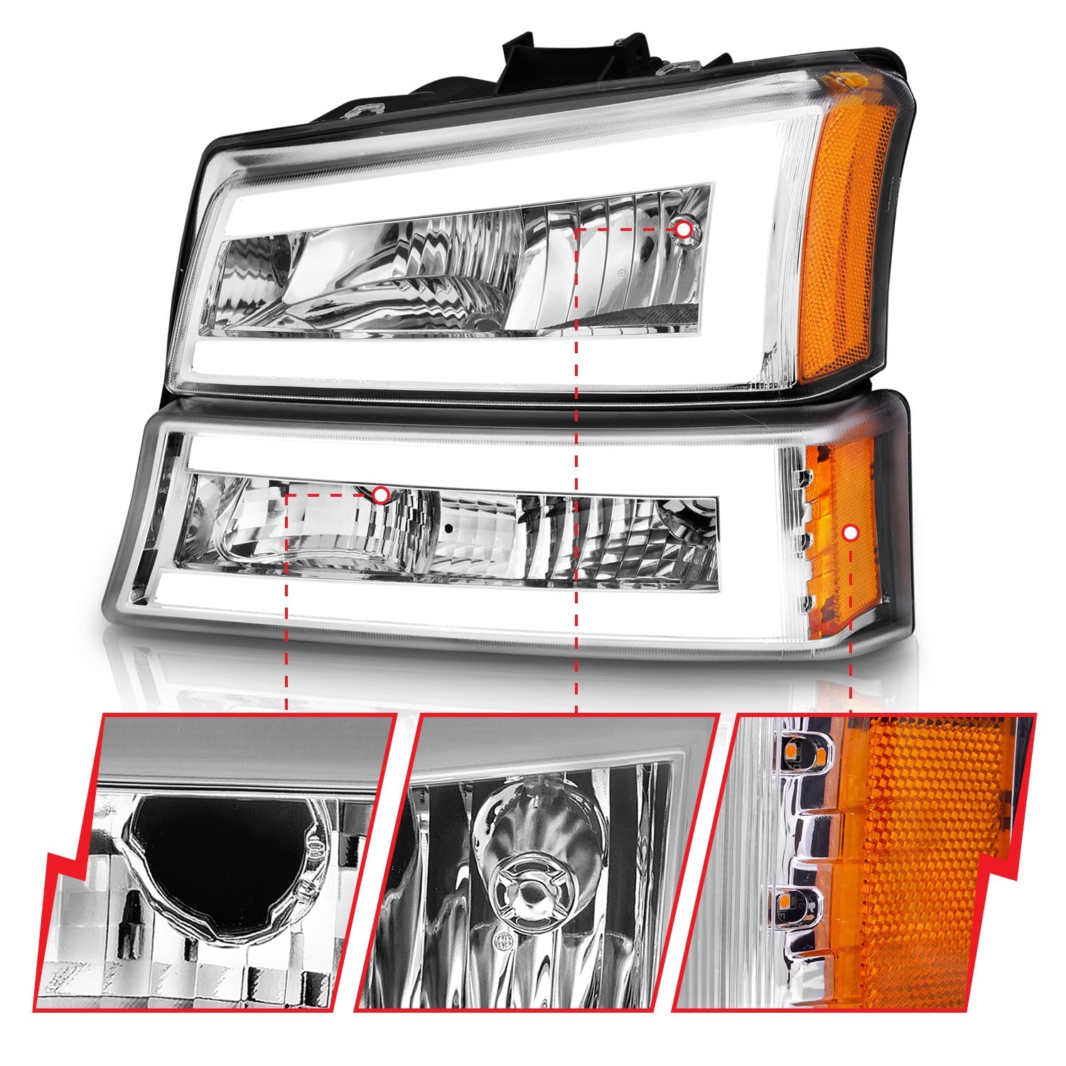 CHEVY SILVERADO / AVALANCHE 03-06 / 07 CLASSIC CRYSTAL LED PLANK HEADLIGHTS W/ PARKING/SIGNAL LIGHT CHROME(4 PCS)