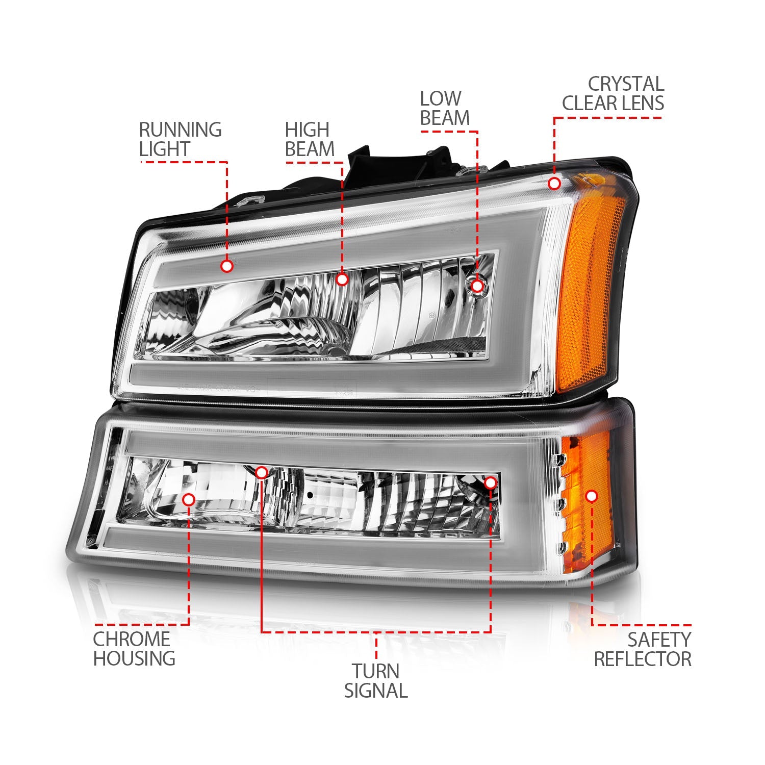 CHEVY SILVERADO / AVALANCHE 03-06 / 07 CLASSIC CRYSTAL LED PLANK HEADLIGHTS W/ PARKING/SIGNAL LIGHT CHROME(4 PCS)