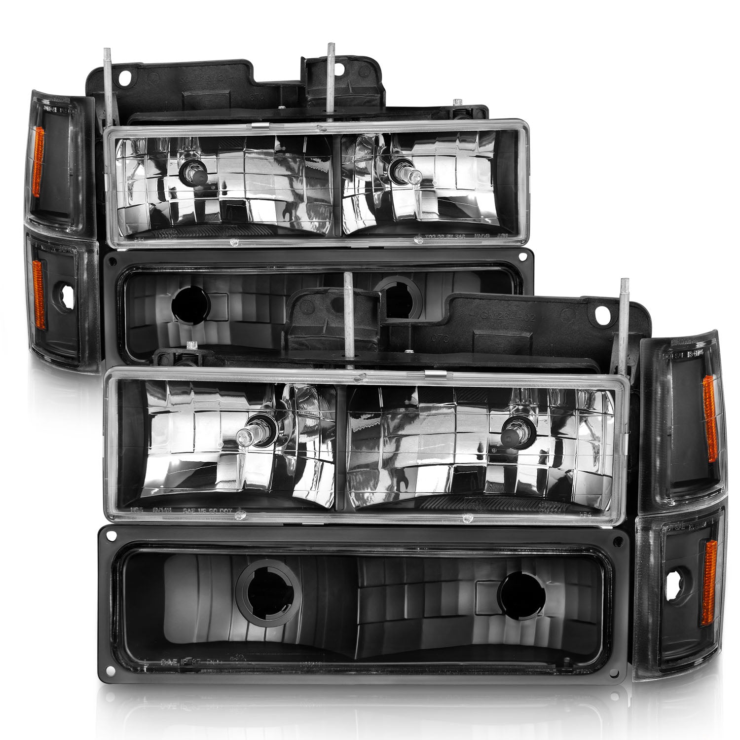 CHEVY C/K1500/2500 94-98 / C/K 3500 94-00 / SUBURBAN 94-99 / TAHOE 95-99 / BLAZER (FULL SIZE) 94 CRYSTAL HEADLIGHTS BLACK W/ SIGNAL & SIDE MARKERS AMBER (8PCS)