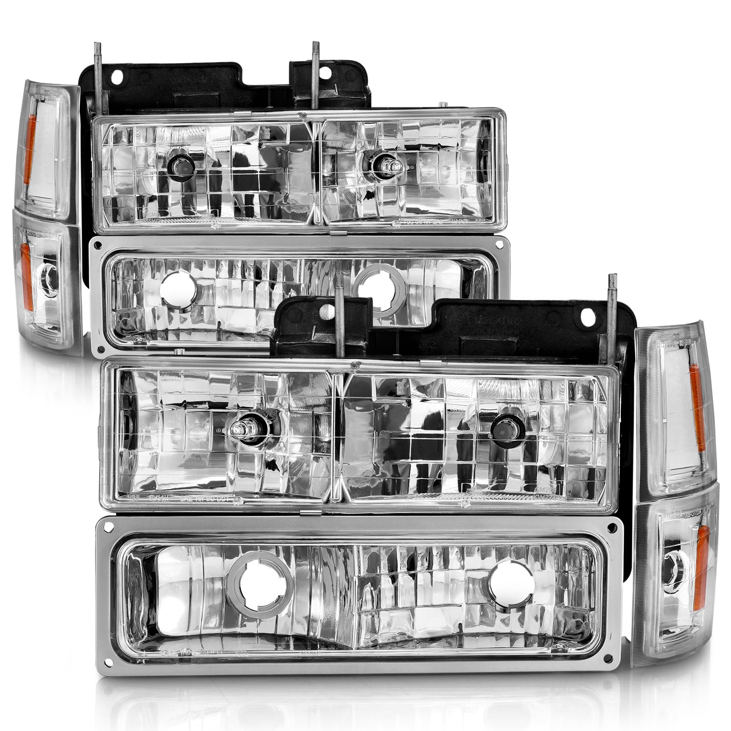 CHEVY C/K1500/2500 94-98 / C/K 3500 94-00 / SUBURBAN 94-99 / TAHOE 95-99 / BLAZER (FULL SIZE) 94 CRYSTAL HEADLIGHTS CHROME W/ SIGNAL & SIDE MARKERS AMBER (8PCS)
