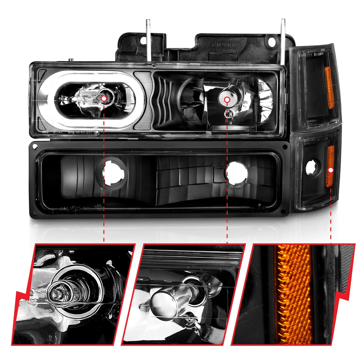 CHEVY C/K1500/2500 94-98 / C/K 3500 94-00 / SUBURBAN 94-99 / TAHOE 95-99 / BLAZER (FULL SIZE) 94 CRYSTAL HALO HEADLIGHTS BLACK W/ SIGNAL & SIDE MARKERS AMBER (8PCS)