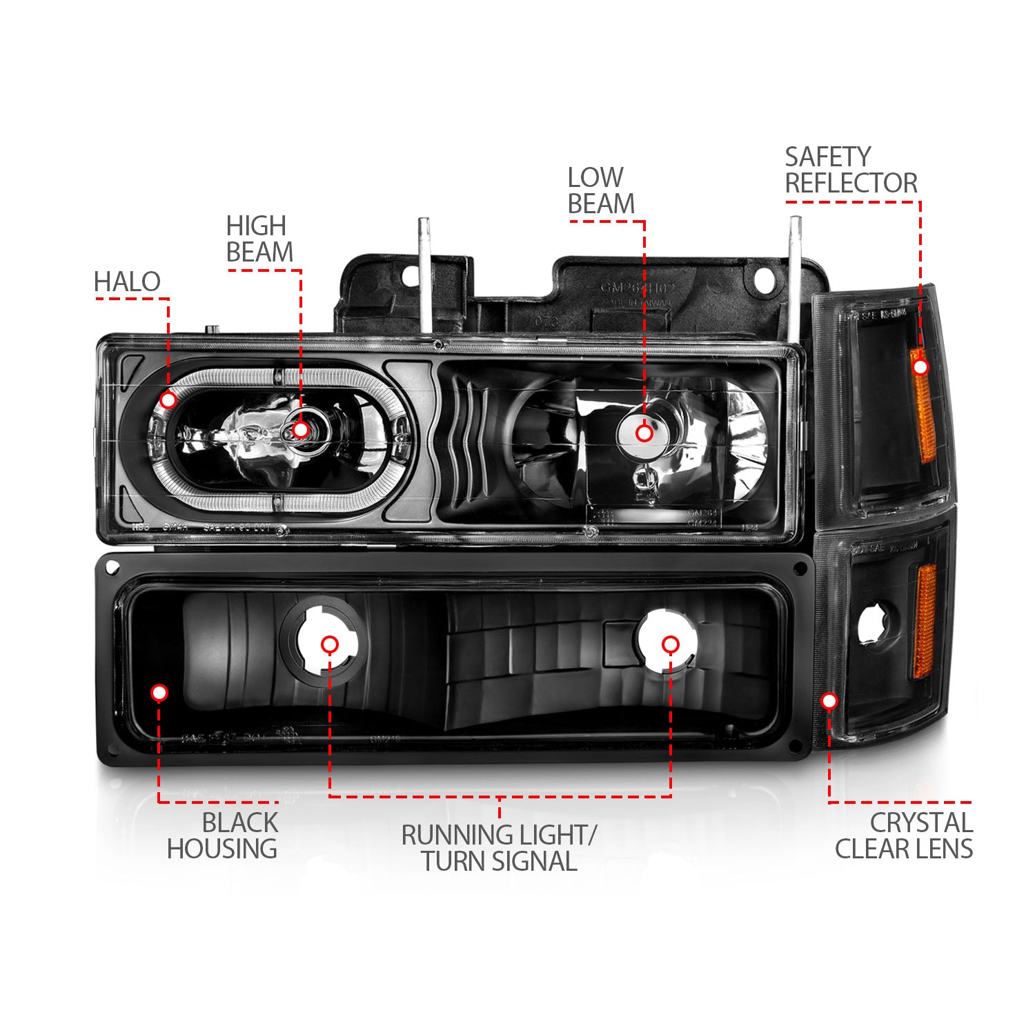 CHEVY C/K1500/2500 94-98 / C/K 3500 94-00 / SUBURBAN 94-99 / TAHOE 95-99 / BLAZER (FULL SIZE) 94 CRYSTAL HALO HEADLIGHTS BLACK W/ SIGNAL & SIDE MARKERS AMBER (8PCS)
