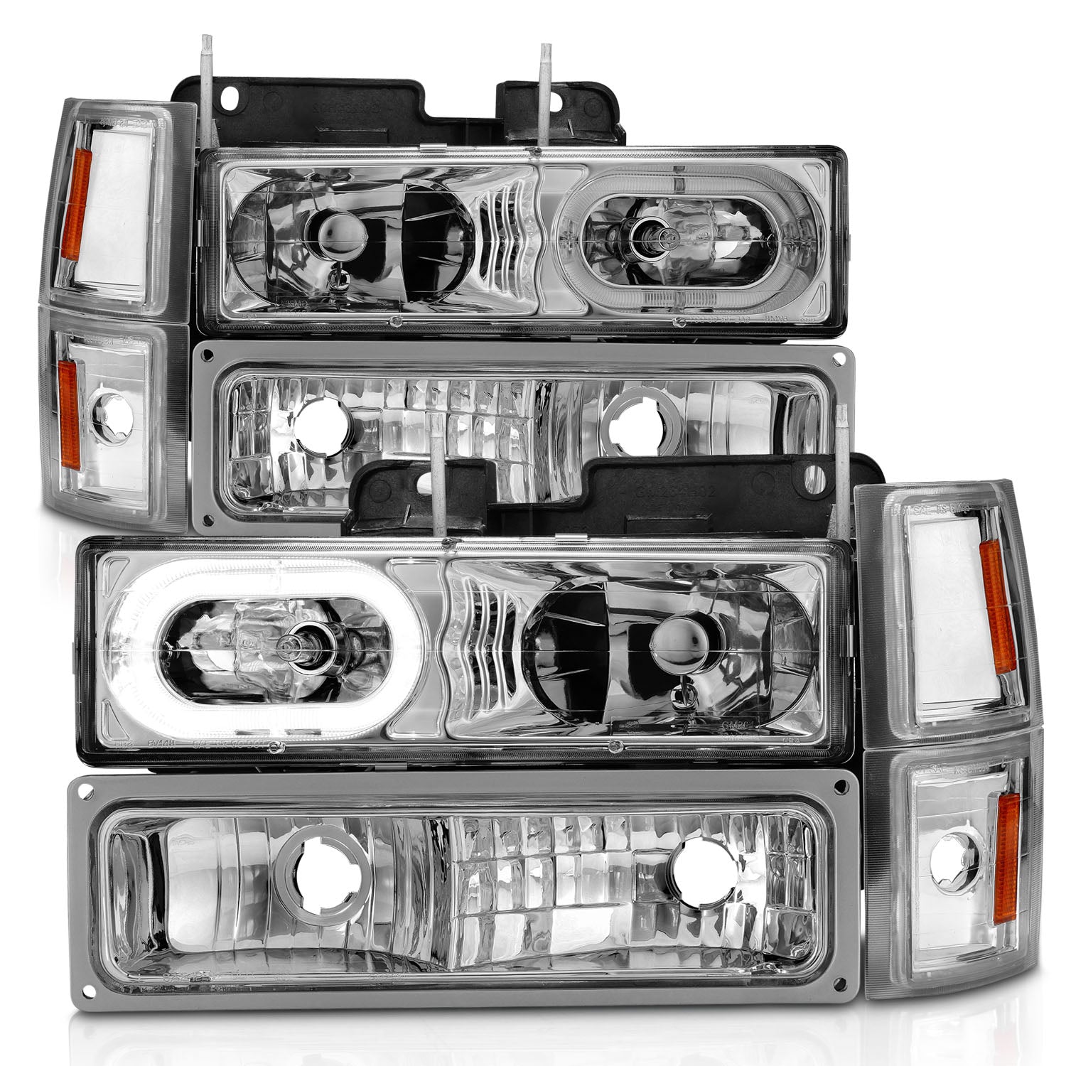 CHEVY C/K1500/2500 94-98 / C/K 3500 94-00 / SUBURBAN 94-99 / TAHOE 95-99 / BLAZER (FULL SIZE) 94 CRYSTAL HALO HEADLIGHTS CHROME W/ SIGNAL & SIDE MARKERS AMBER (8PCS)