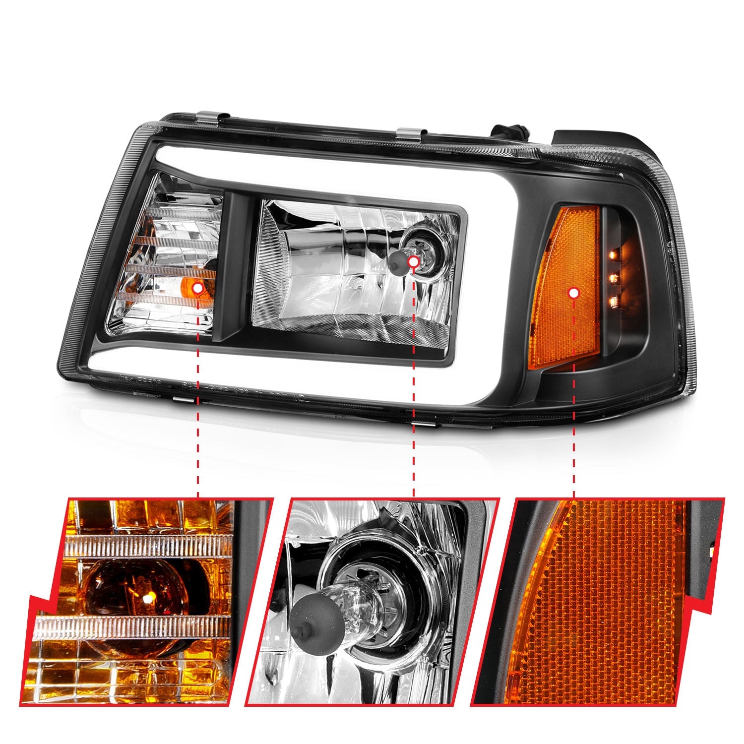 FORD RANGER 01-11 CRYSTAL PLANK STYLE HEADLIGHTS BLACK