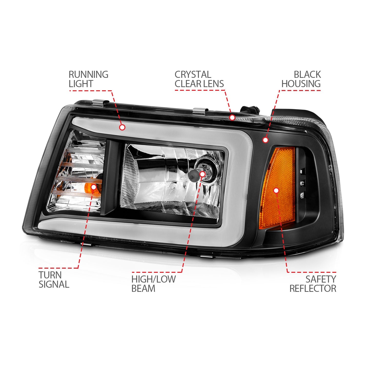 FORD RANGER 01-11 CRYSTAL PLANK STYLE HEADLIGHTS BLACK