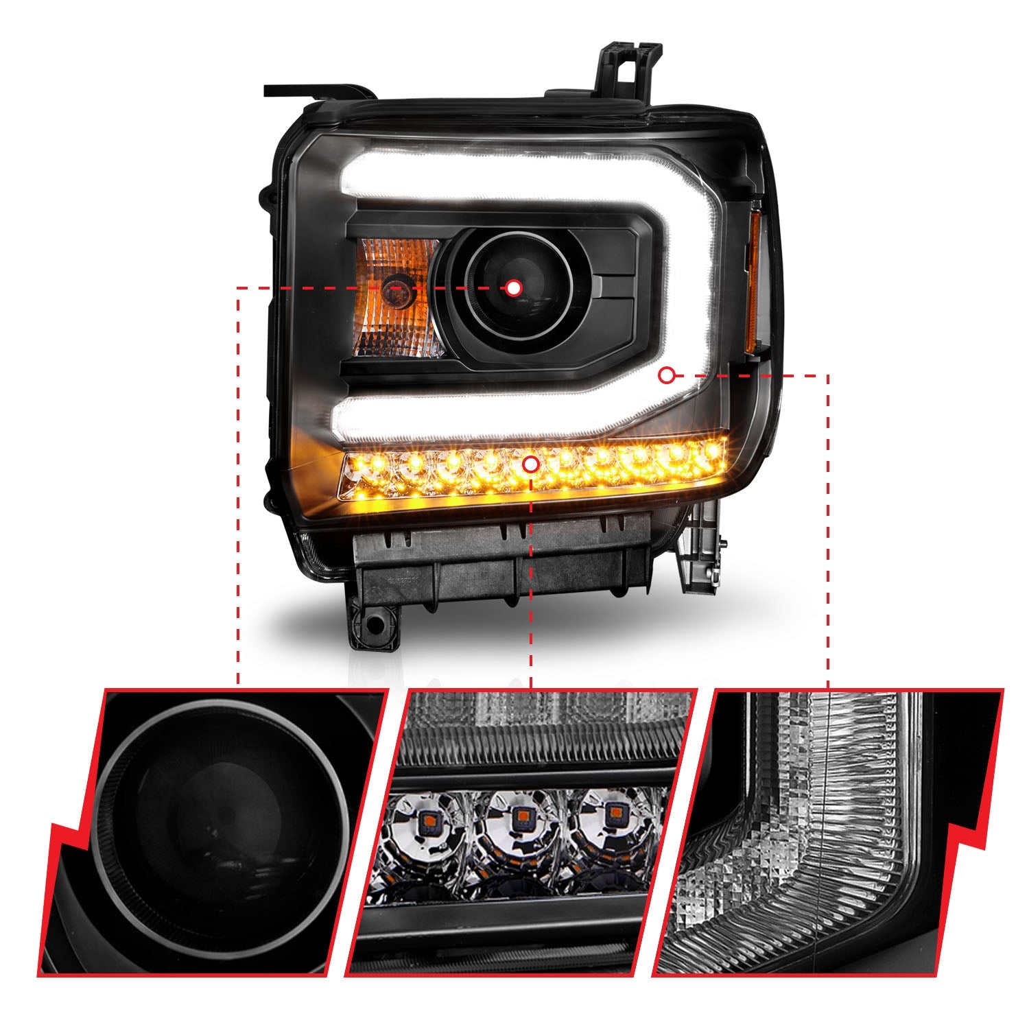 GMC SIERRA 1500 14-15/ 2500HD/3500HD 15-19 PROJECTOR C BAR HEADLIGHTS BLACK (HALOGEN TYPE MODEL W/ FACTORY LED DRL)