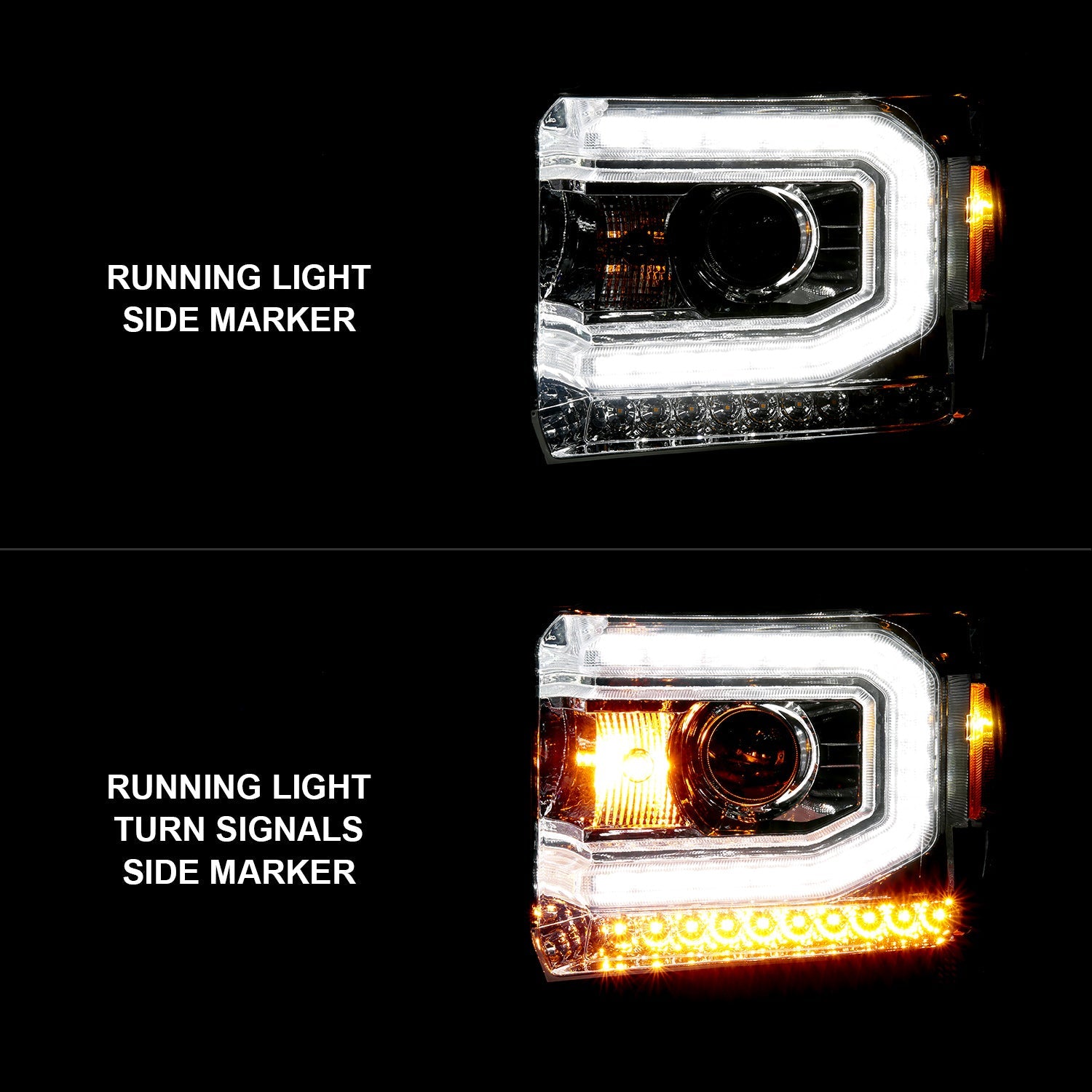 GMC SIERRA 1500 14-15/ 2500HD/3500HD 15-19 PROJECTOR C BAR HEADLIGHTS CHROME (HALOGEN TYPE MODEL W/ FACTORY LED DRL)