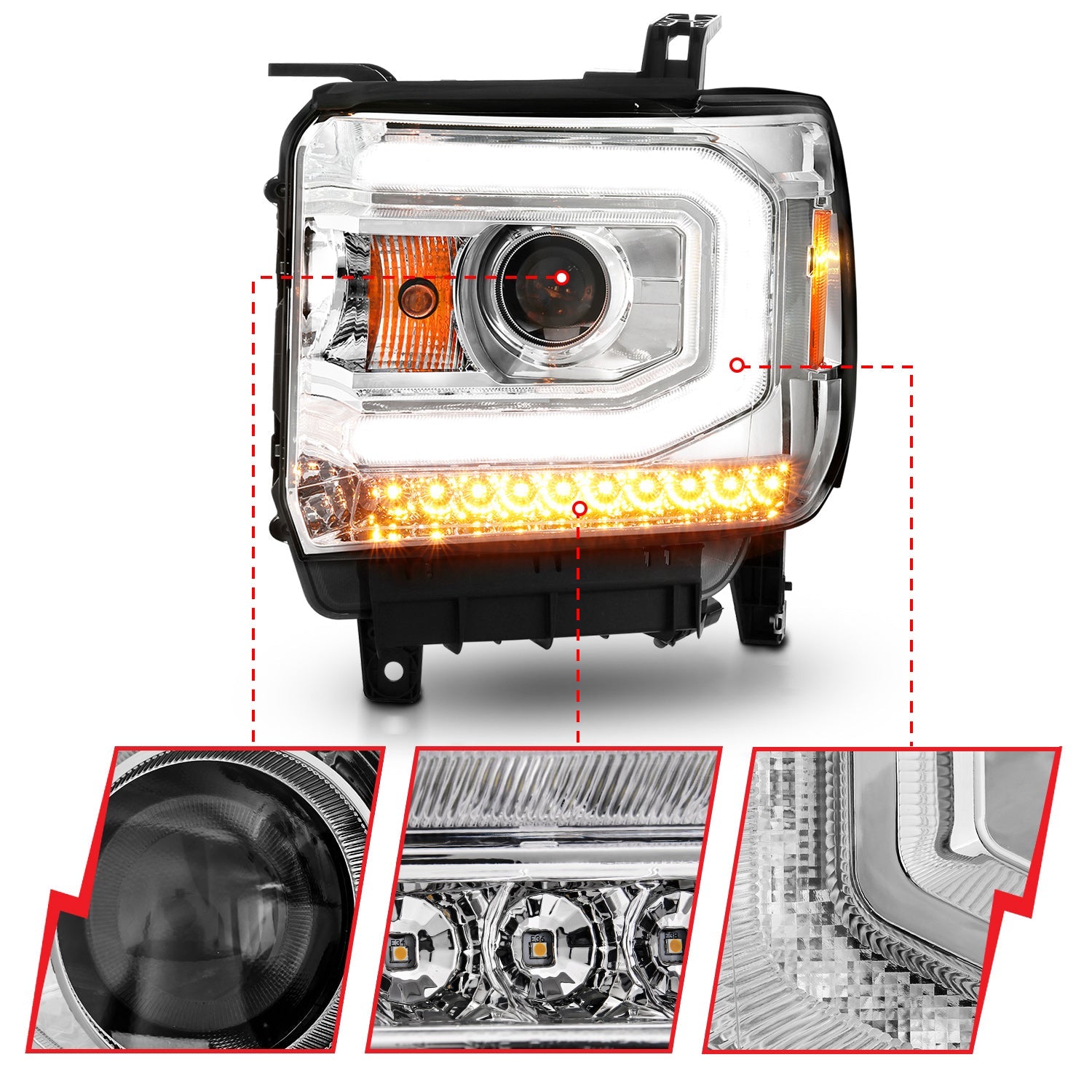 GMC SIERRA 1500 14-15/ 2500HD/3500HD 15-19 PROJECTOR C BAR HEADLIGHTS CHROME (HALOGEN TYPE MODEL W/ FACTORY LED DRL)