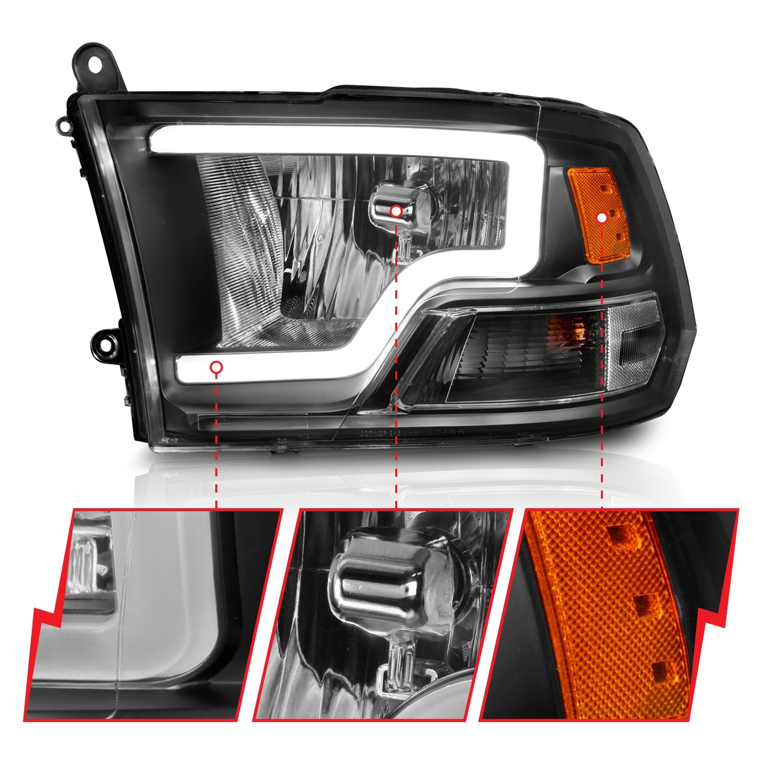 DODGE RAM 1500 09-18 /RAM 2500/3500 10-18 CRYSTAL C BAR HEADLIGHTS BLACK (FOR DUAL LIGHT MODELS)