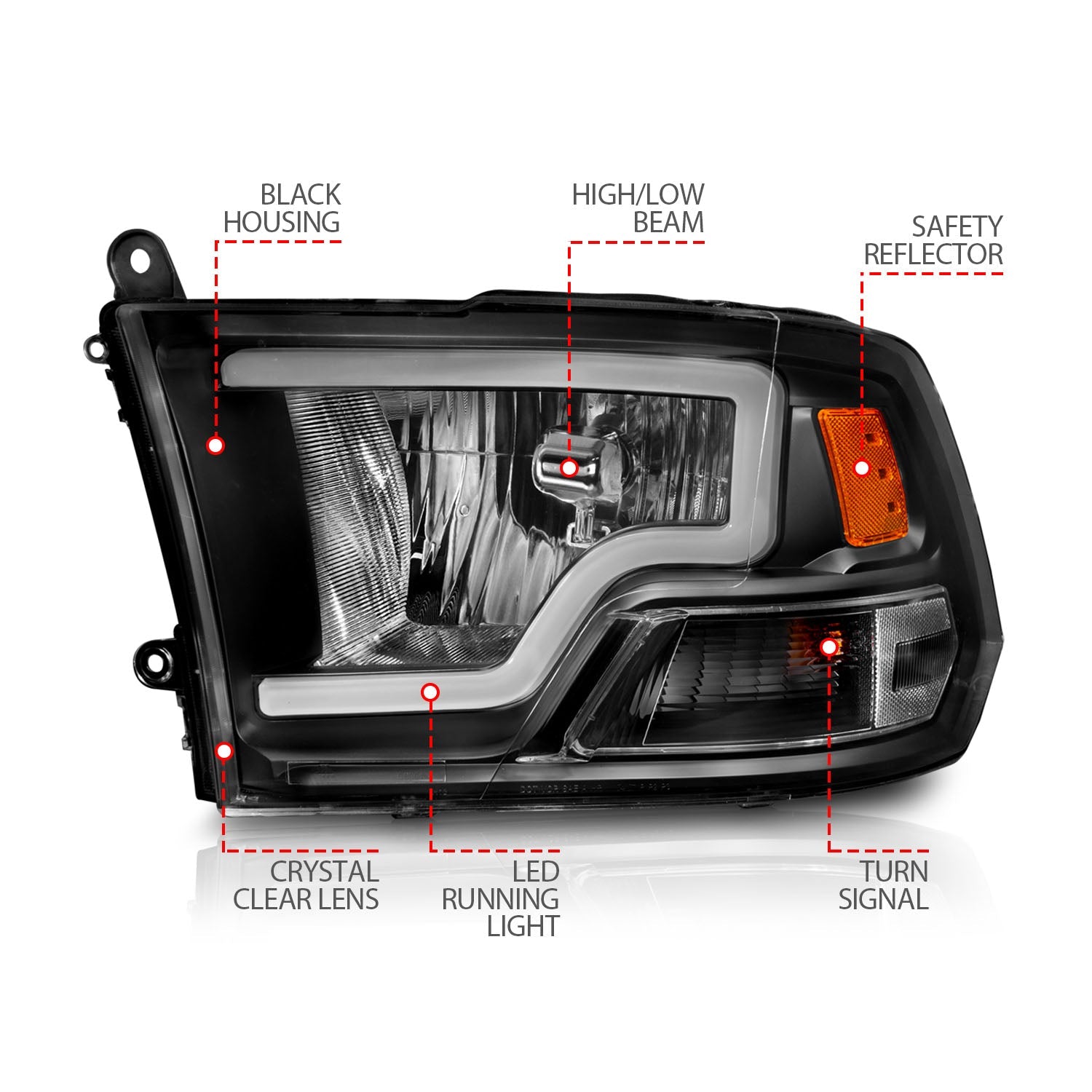 DODGE RAM 1500 09-18 /RAM 2500/3500 10-18 CRYSTAL C BAR HEADLIGHTS BLACK (FOR DUAL LIGHT MODELS)