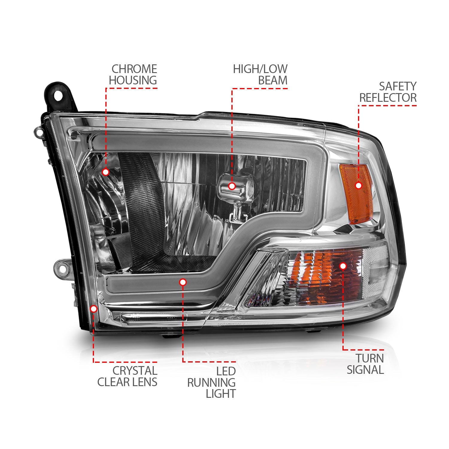 DODGE RAM 1500 09-18 / RAM 2500/3500 10-18 CRYSTAL C BAR HEADLIGHTS CHROME (FOR DUAL LIGHT MODELS)