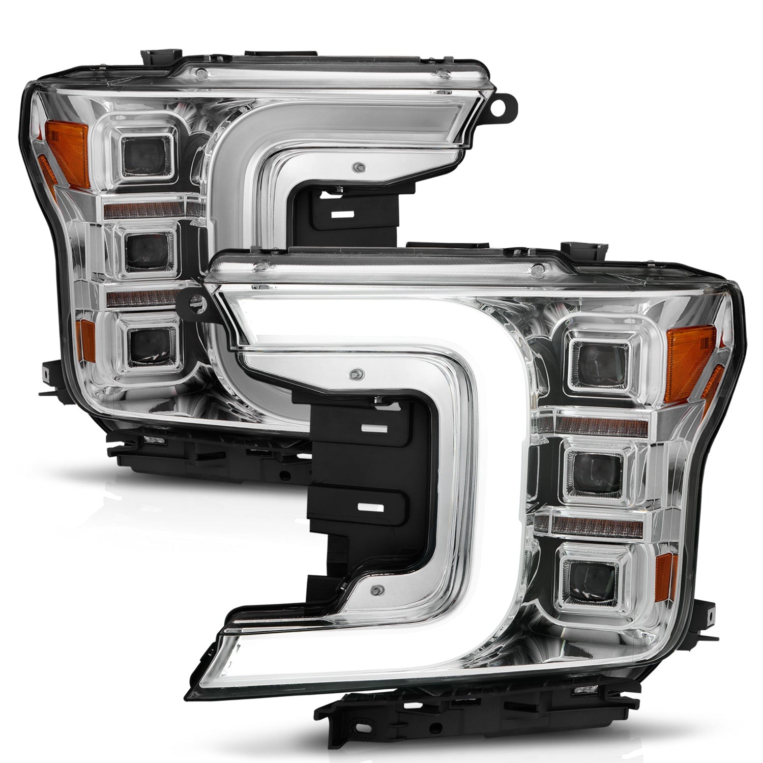 FORD F-150 18-20 FULL LED C-BAR PROJECTOR HEADLIGHTS CHROME W/ SEQUENTIAL SIGNAL (FACTORY HALOGEN MODEL)