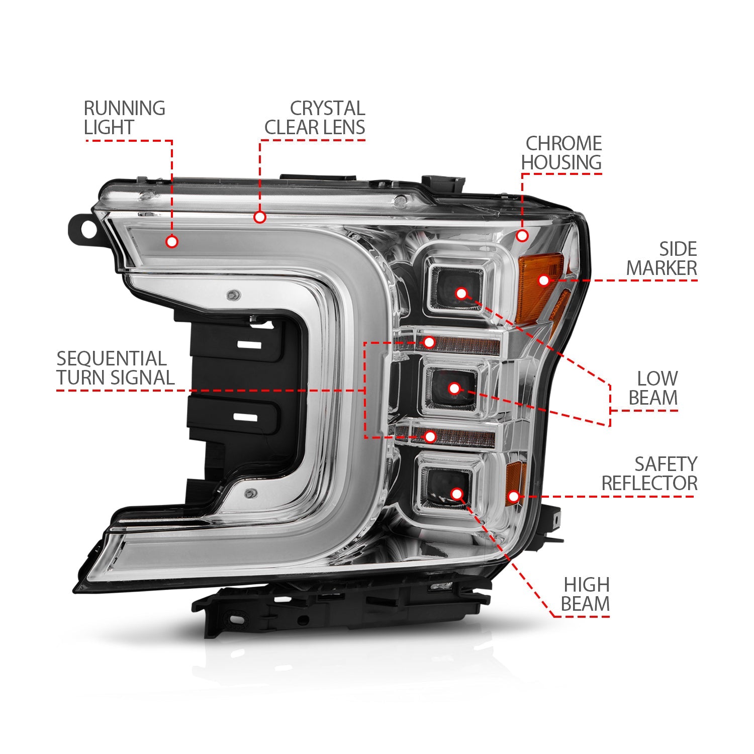 FORD F-150 18-20 FULL LED C-BAR PROJECTOR HEADLIGHTS CHROME W/ SEQUENTIAL SIGNAL (FACTORY HALOGEN MODEL)