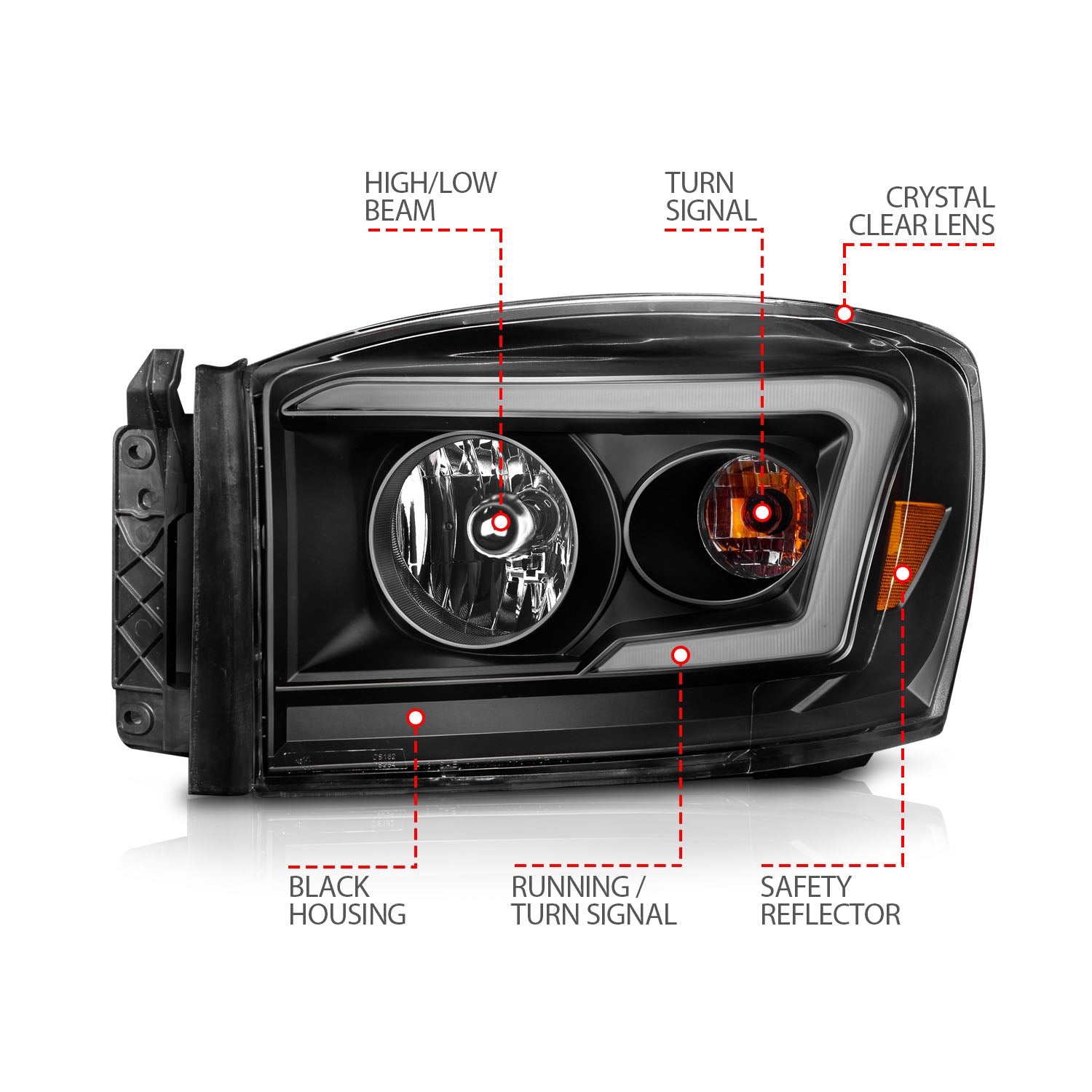 DODGE RAM 1500 06-08 / 2500/3500 06-09 CRYSTAL SWITCHBACK C BAR HEADLIGHTS BLACK