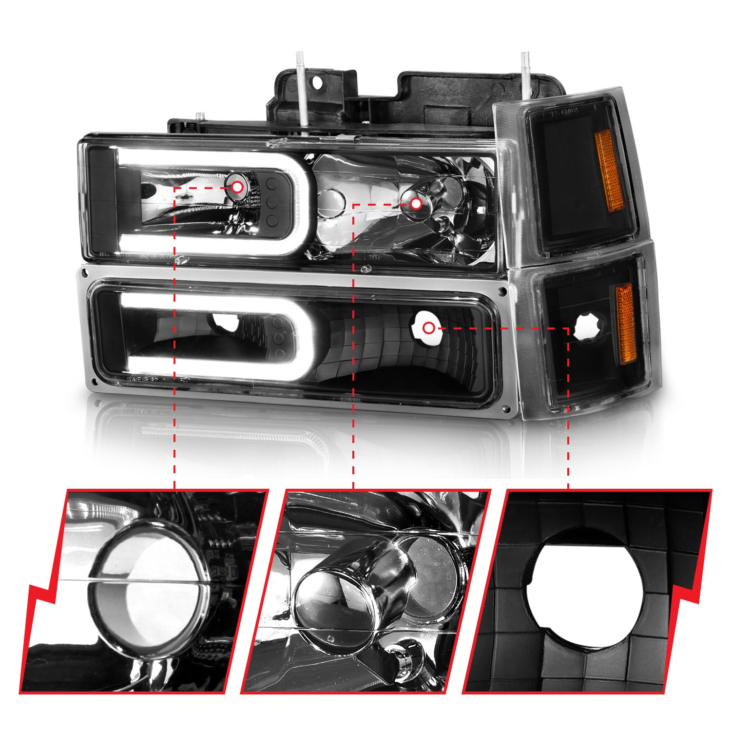 CHEVY C/K1500/2500 94-98 / C/K 3500 94-00 / SUBURBAN 94-99 / TAHOE 95-99 / BLAZER (FULL SIZE) 94 CRYSTAL C BAR STYLE HEADLIGHTS W/ SIGNAL & SIDE MARKERS (8PCS) SET BLACK (BULBS NOT INCLUDED)