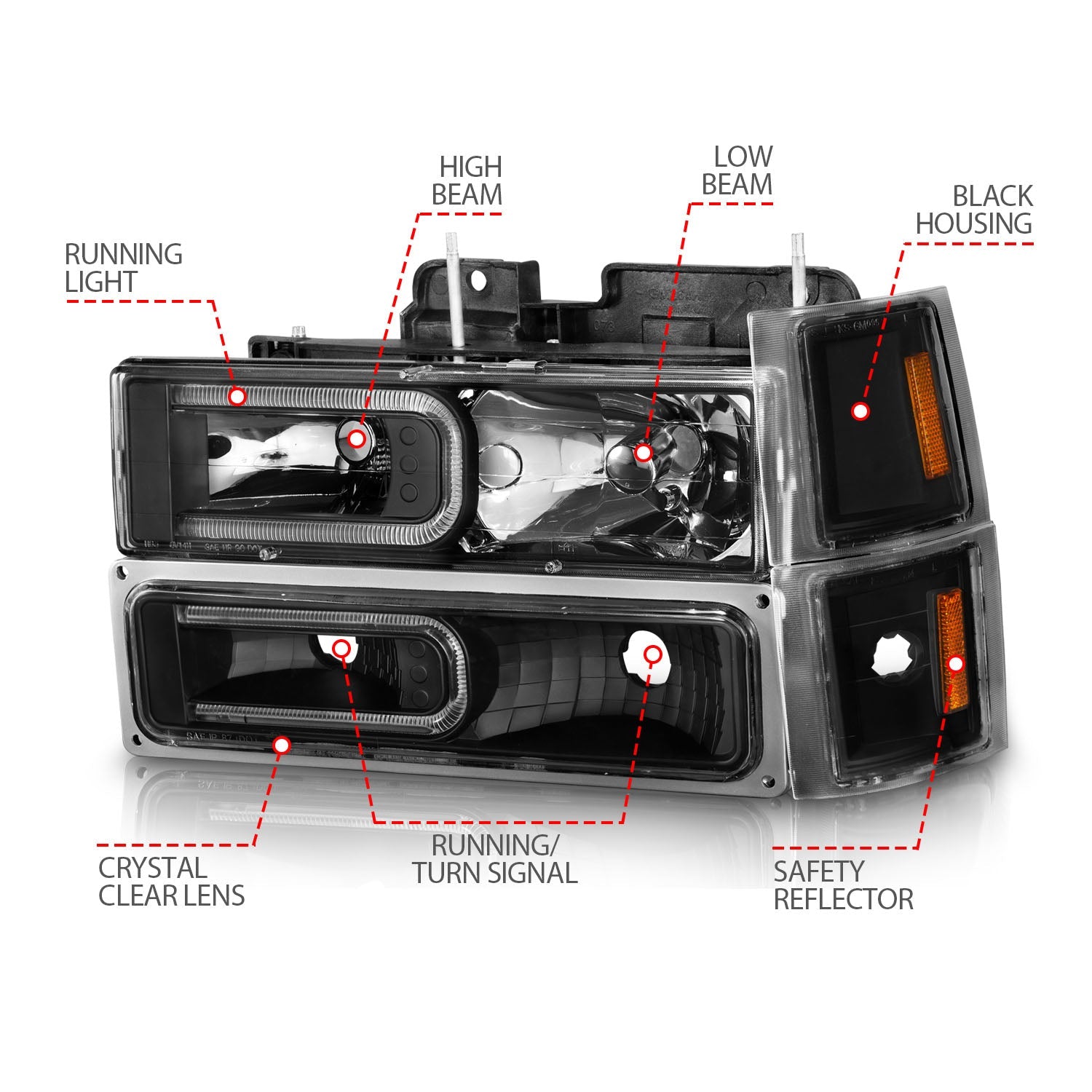 CHEVY C/K1500/2500 94-98 / C/K 3500 94-00 / SUBURBAN 94-99 / TAHOE 95-99 / BLAZER (FULL SIZE) 94 CRYSTAL C BAR STYLE HEADLIGHTS W/ SIGNAL & SIDE MARKERS (8PCS) SET BLACK (BULBS NOT INCLUDED)
