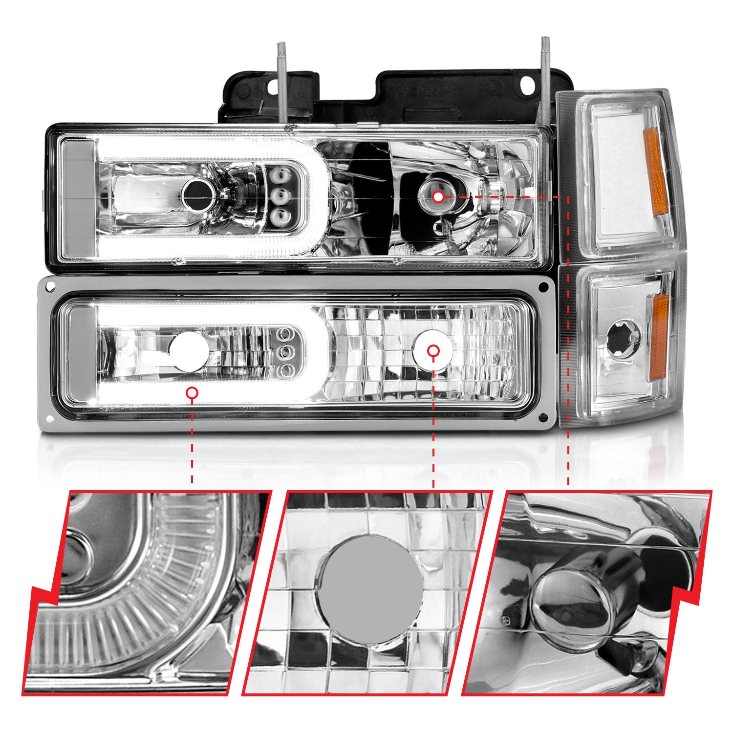 CHEVY C/K1500/2500 94-98 / C/K 3500 94-00 / SUBURBAN 94-99 / TAHOE 95-99 / BLAZER (FULL SIZE) 94 CRYSTAL C BAR STYLE HEADLIGHTS W/ SIGNAL & SIDE MARKERS (8PCS) SET CHROME (BULBS NOT INLCUDED)
