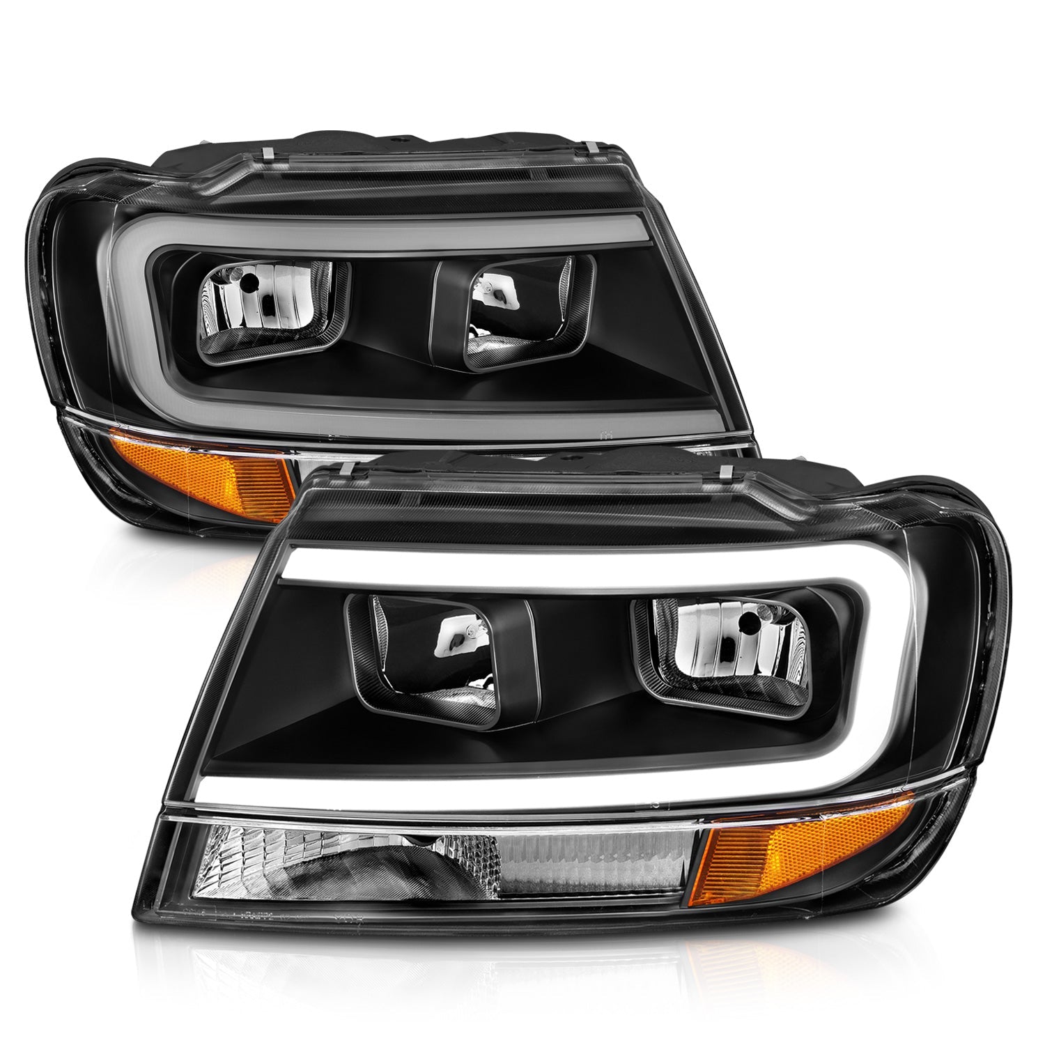 JEEP GRAND CHEROKEE 99-04 CRYSTAL PLANK STYLE HEADLIGHTS BLACK