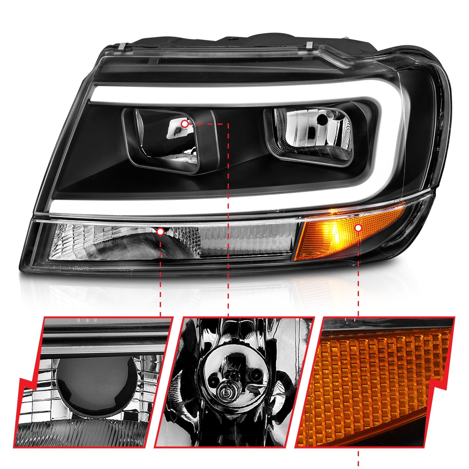 JEEP GRAND CHEROKEE 99-04 CRYSTAL PLANK STYLE HEADLIGHTS BLACK