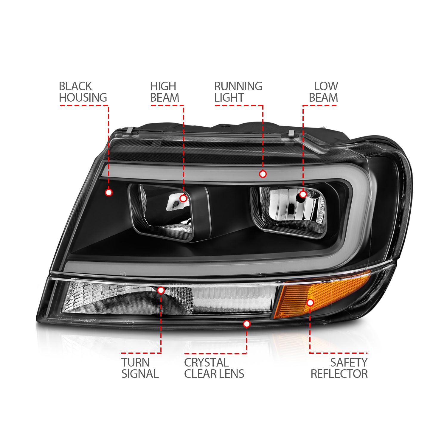 JEEP GRAND CHEROKEE 99-04 CRYSTAL PLANK STYLE HEADLIGHTS BLACK