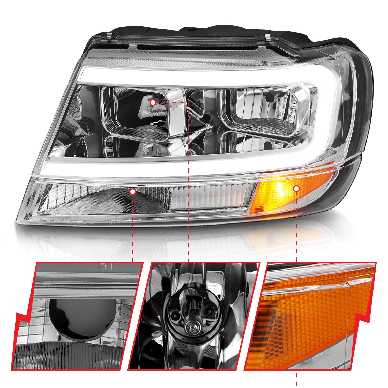 JEEP GRAND CHEROKEE 99-04 CRYSTAL PLANK STYLE HEADLIGHTS CHROME