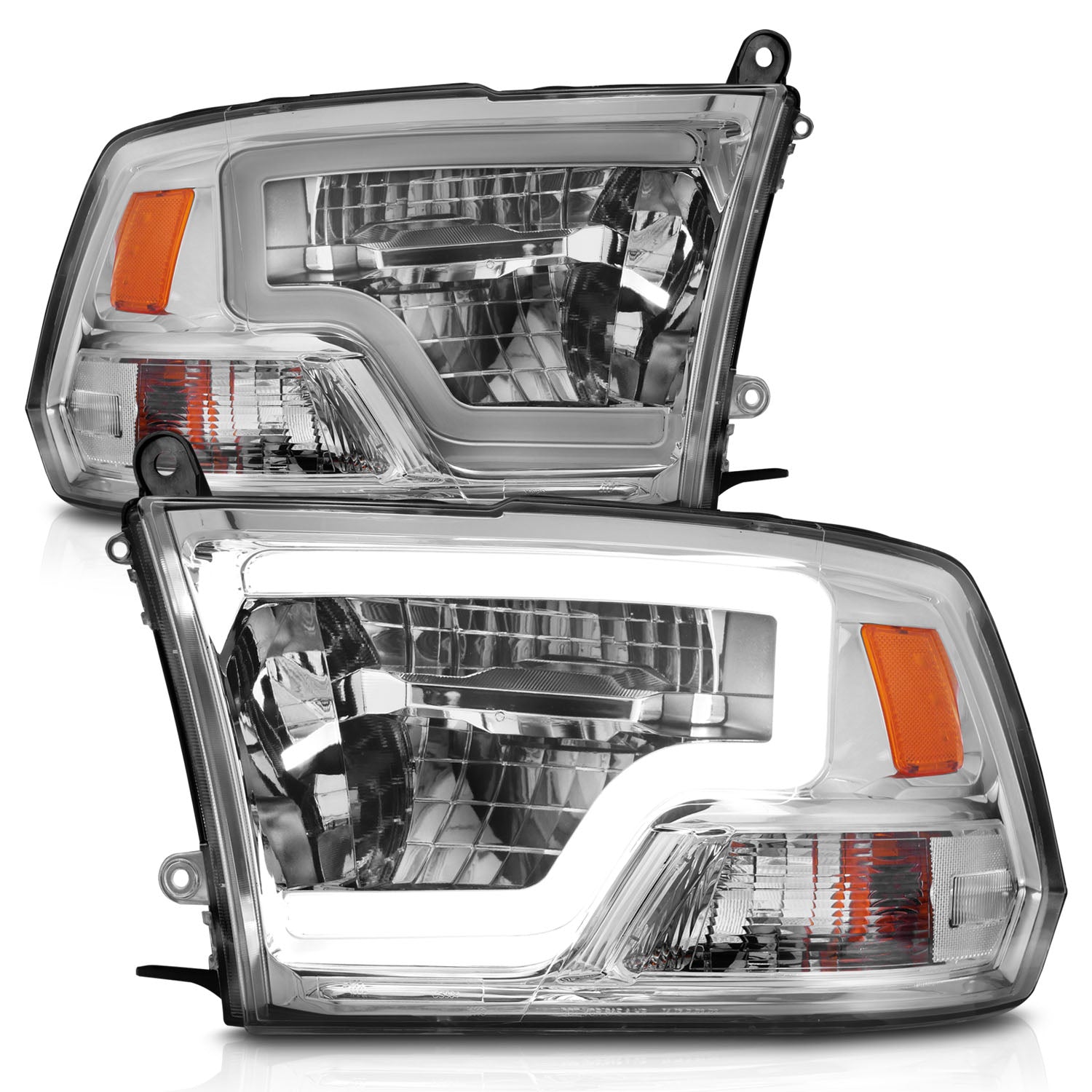 DODGE RAM 1500 09-18 / RAM 2500/3500 10-18 FULL LED CRYSTAL C BAR HEADLIGHTS CHROME (FOR NON-PROJECTOR MODELS)