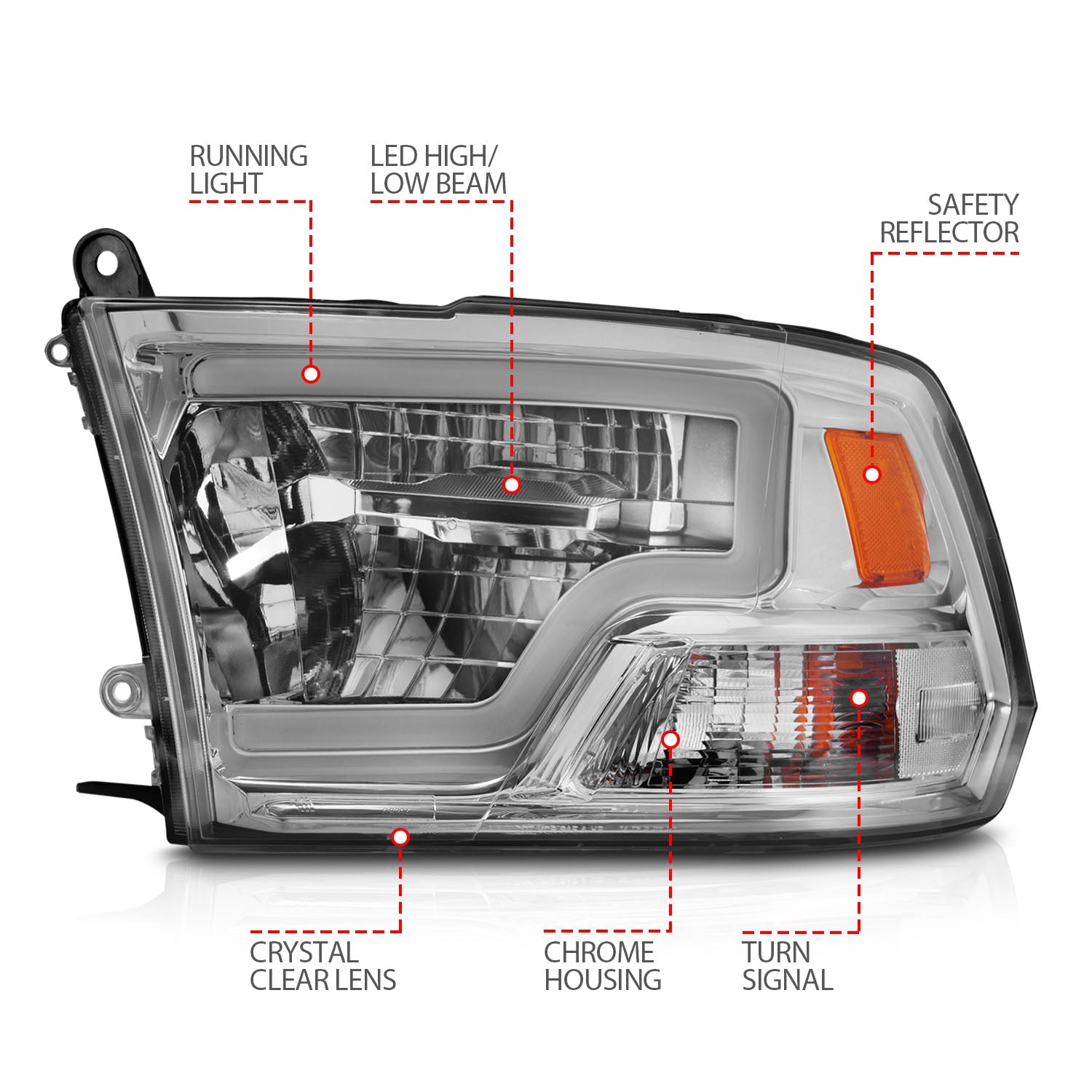 DODGE RAM 1500 09-18 / RAM 2500/3500 10-18 FULL LED CRYSTAL C BAR HEADLIGHTS CHROME (FOR NON-PROJECTOR MODELS)