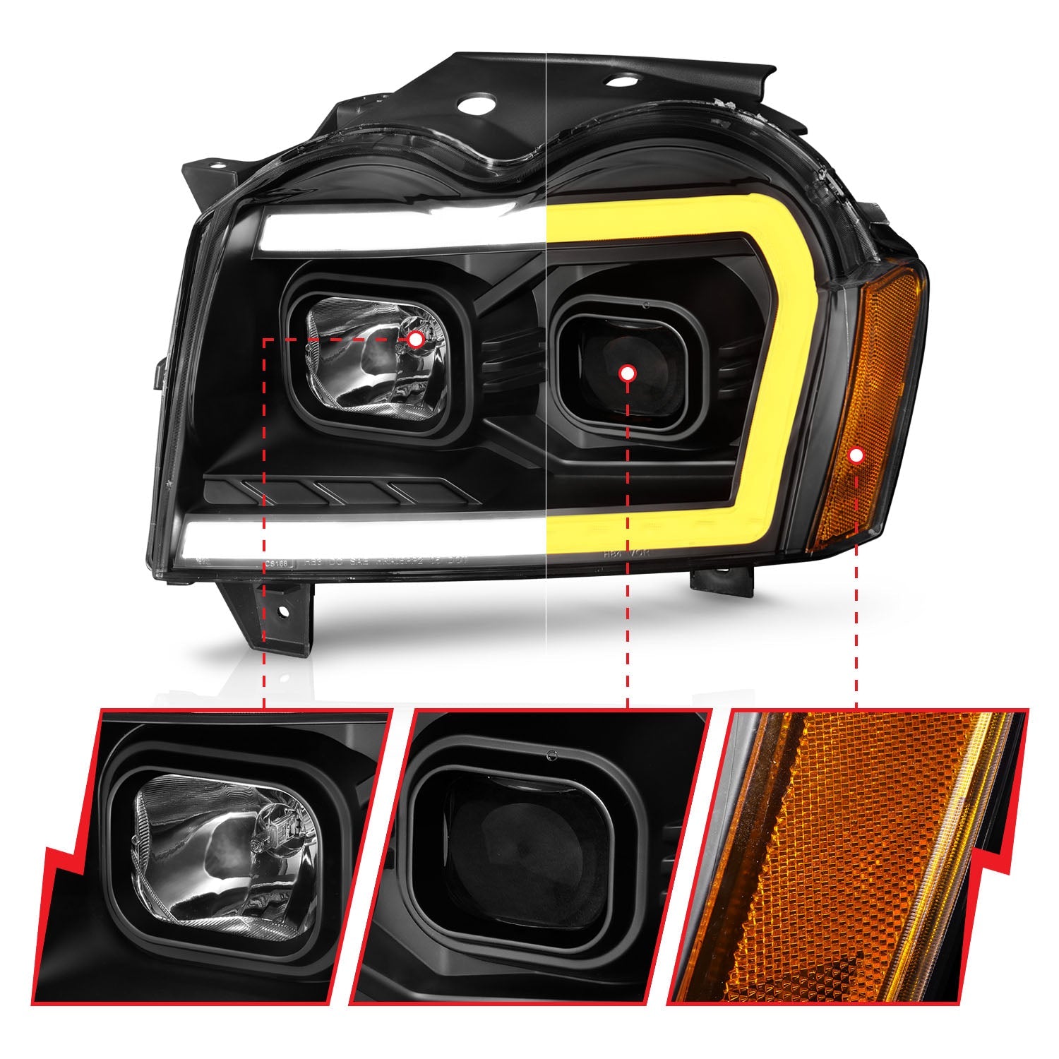 JEEP GRAND CHEROKEE 05-07 PROJECTOR SWITCHBACK PLANK STYLE HEADLIGHTS BLACK