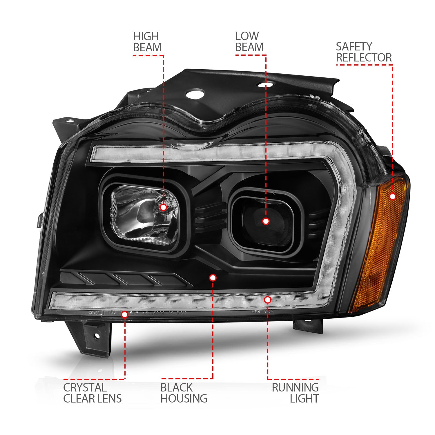 JEEP GRAND CHEROKEE 05-07 PROJECTOR SWITCHBACK PLANK STYLE HEADLIGHTS BLACK