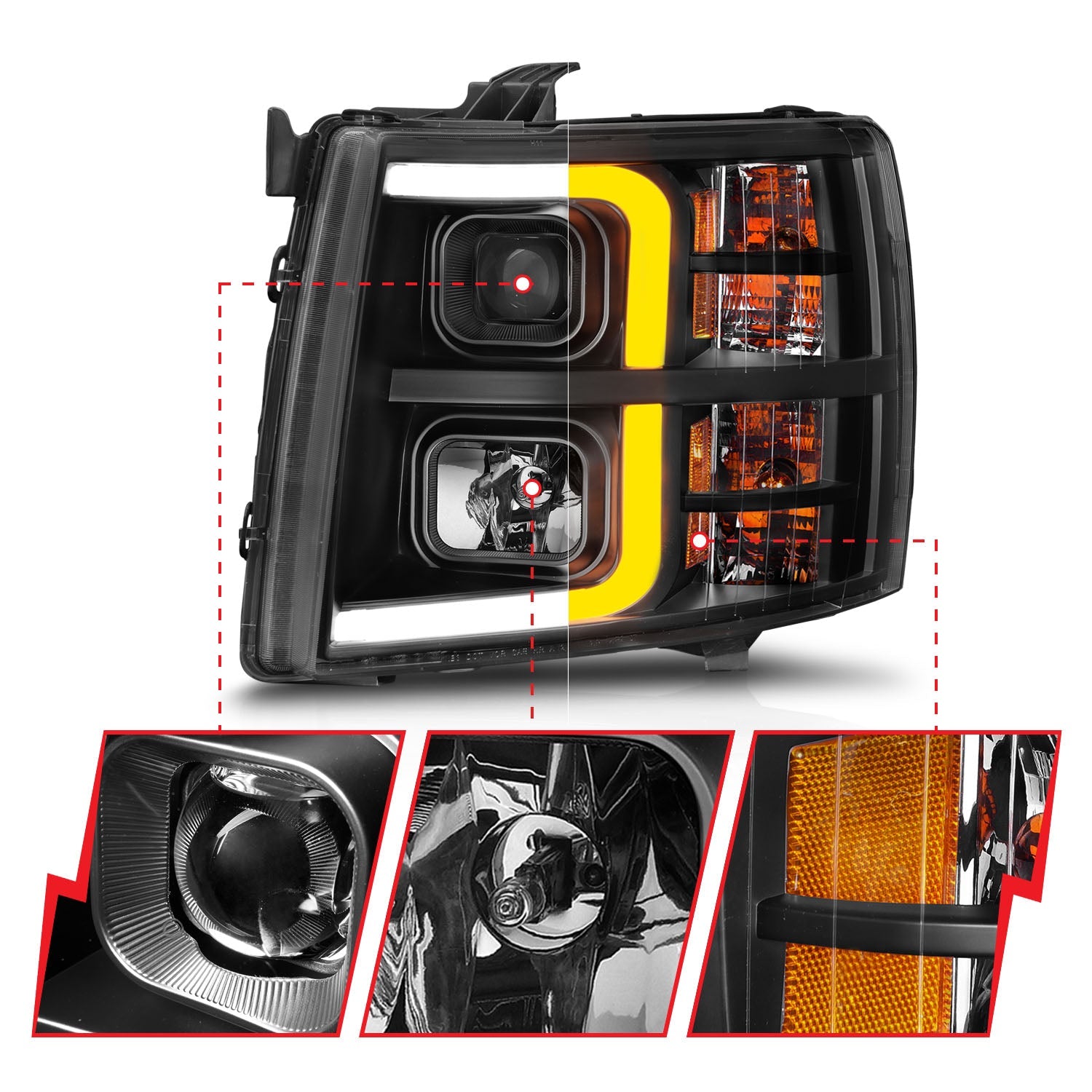 CHEVY SILVERADO 1500 07-13 / 2500HD/3500HD 07-14 PROJECTOR PLANK STYLE SEQUENTIAL HEADLIGHTS BLACK