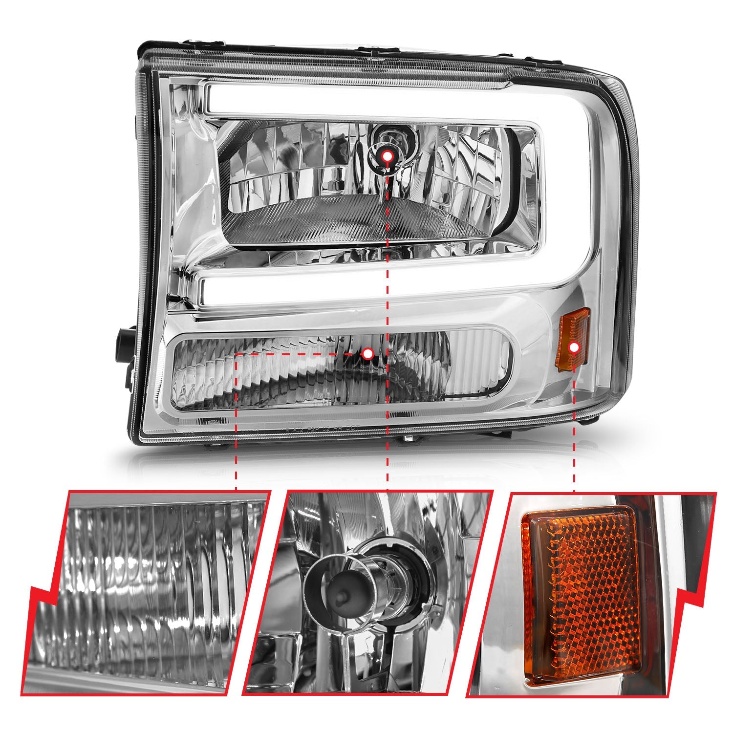 FORD EXCURSION 00-04 / SUPER DUTY 99-04 CRYSTAL PLANK STYLE HEADLIGHTS CHROME