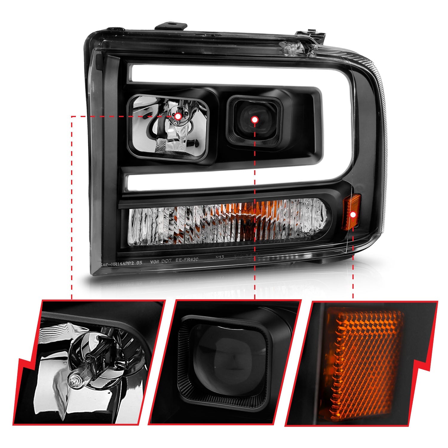 FORD F-250/350/450/550 SUPER DUTY 05-07 / EXCURSION 05 PROJECTOR PLANK STYLE HEADLIGHTS BLACK