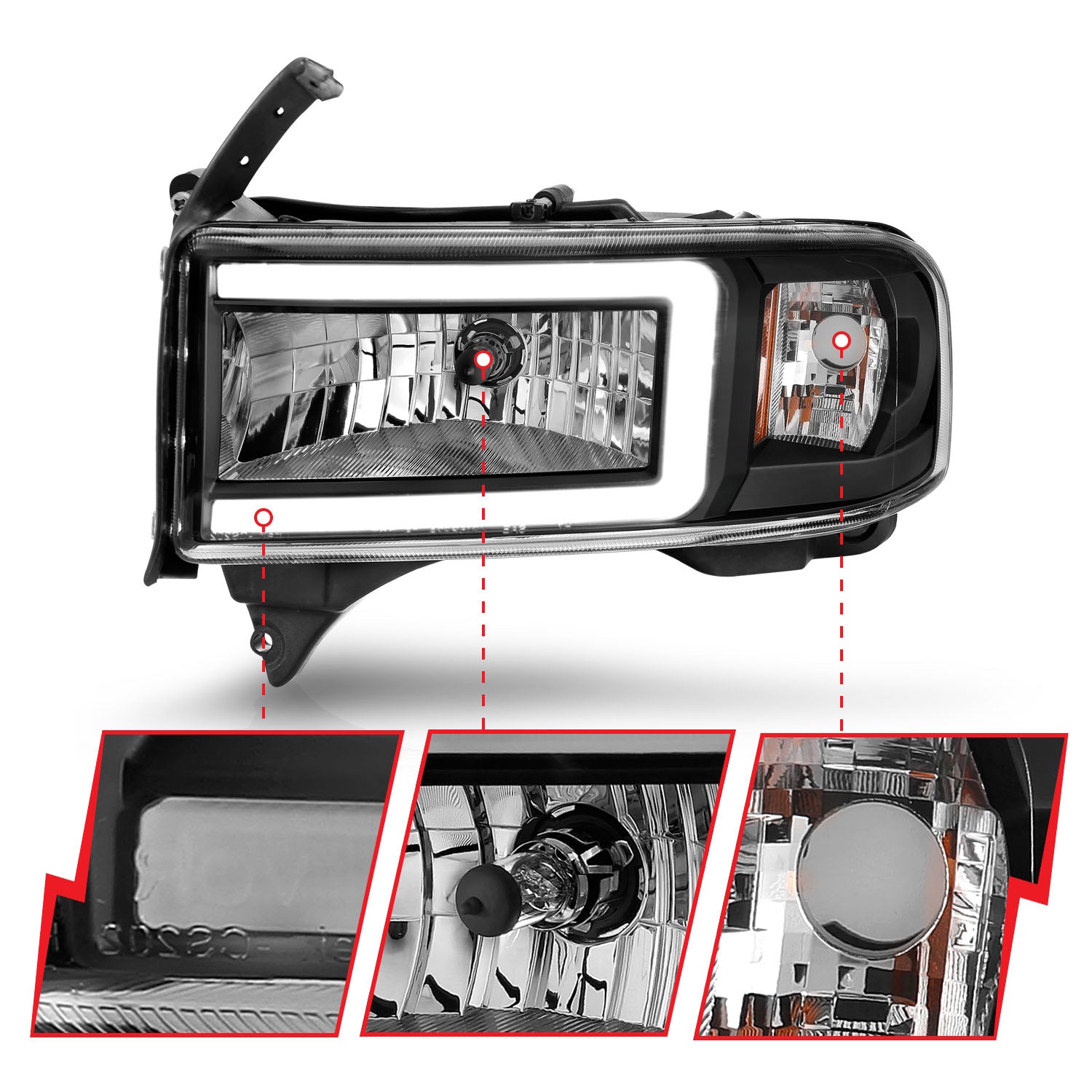 DODGE RAM 1500 94-01 / RAM 2500/3500 94-02/ RAM SPORT MODEL 94-98 CRYSTAL PLANK STYLE HEADLIGHTS BLACK (DUAL LIGHT MODELS ONLY)