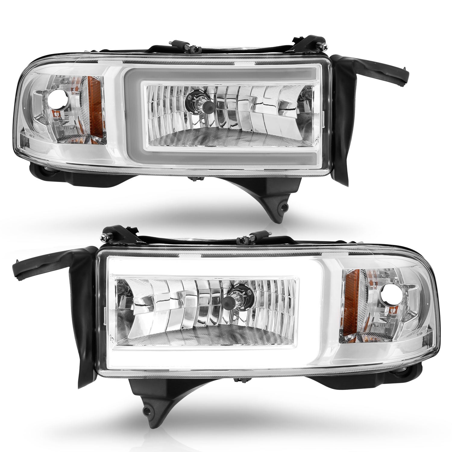 DODGE RAM 1500 94-01 / RAM 2500/3500 94-02/ RAM SPORT MODEL 94-98 CRYSTAL PLANK STYLE HEADLIGHTS CHROME (DUAL LIGHT MODELS ONLY)