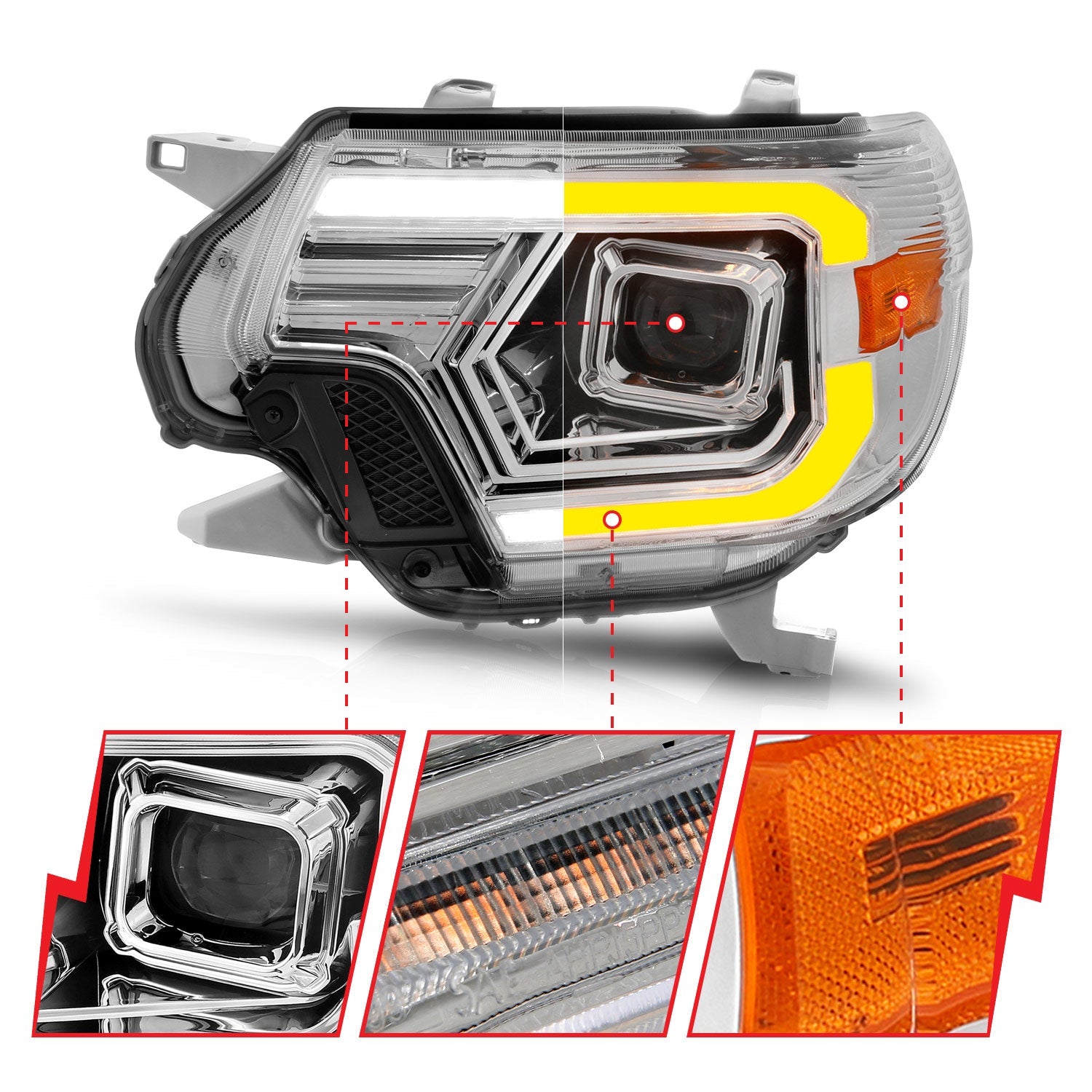 TOYOTA TACOMA 12-15 PROJECTOR LED PLANK STYLE SWITCHBACK HEADLIGHTS CHROME
