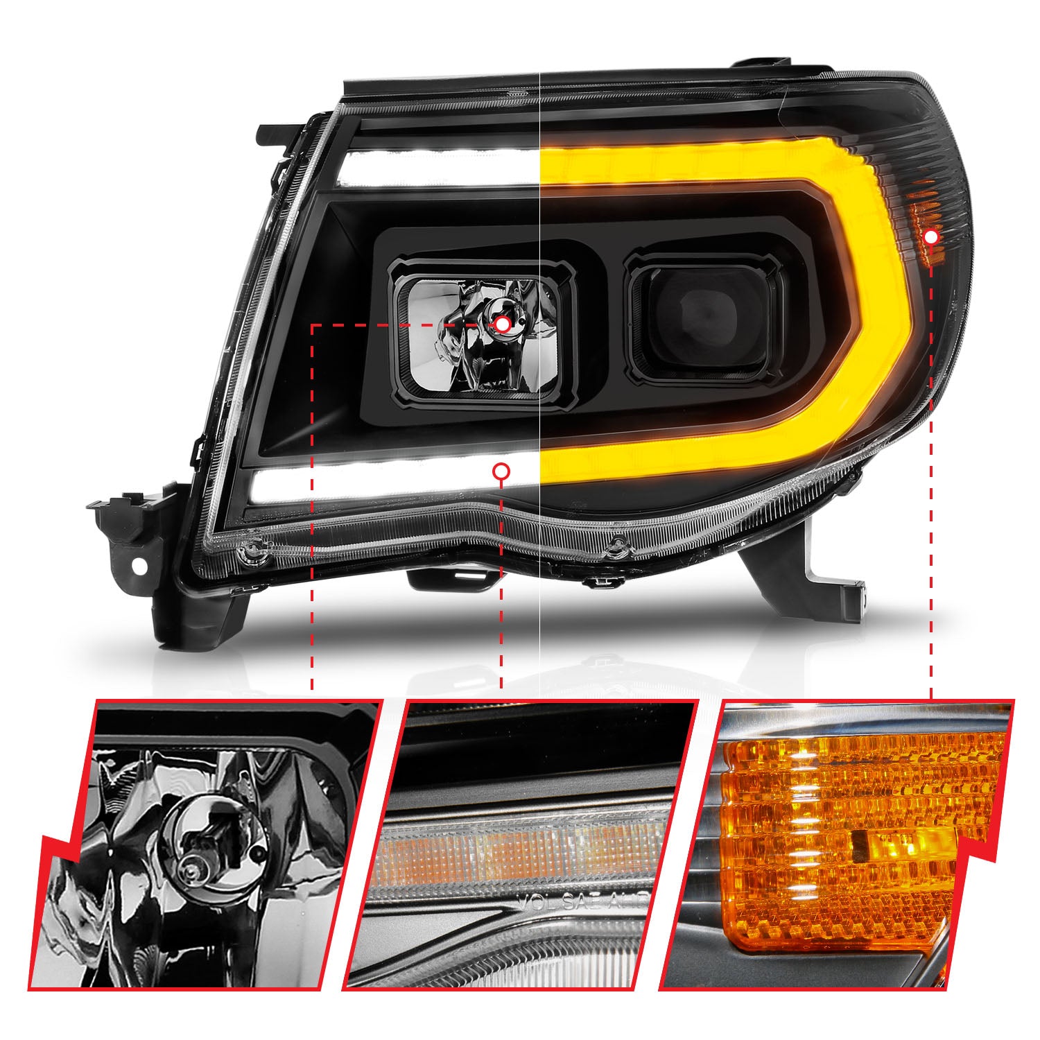 TOYOTA TACOMA 05-11 PROJECTOR LED PLANK STYLE HEADLIGHTS BLACK W/ SEQUENTIAL SIGNAL