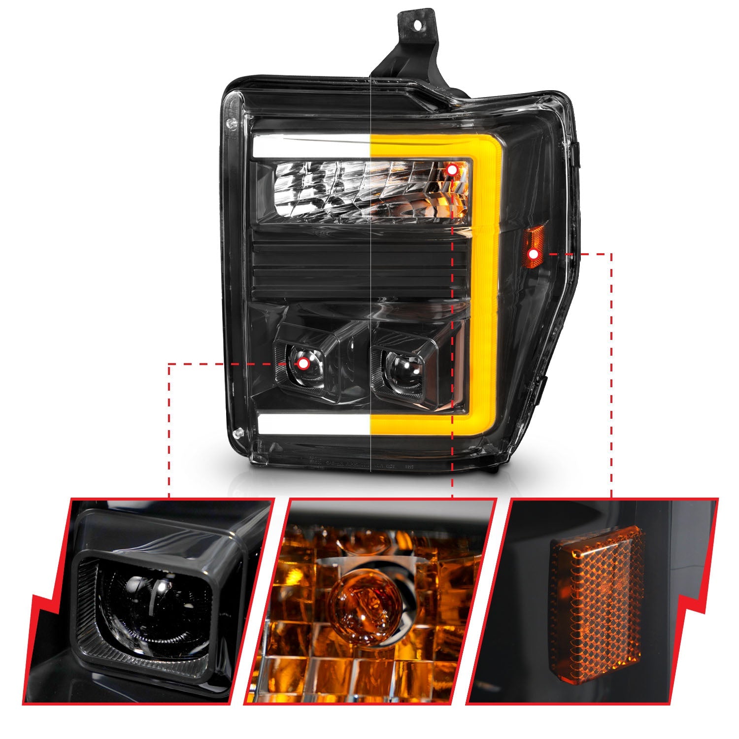 FORD SUPER DUTY 08-10 PROJECTOR SWITCHBACK PLANK STYLE HEADLIGHTS BLACK