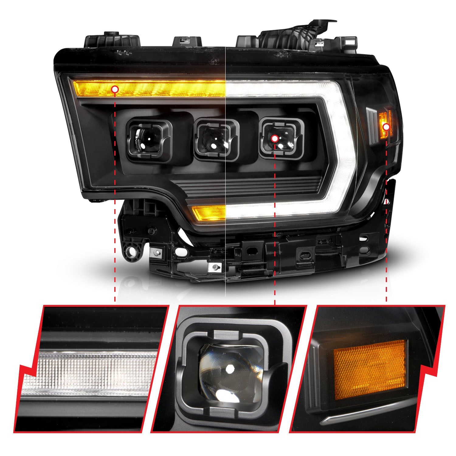 RAM 2500/3500 19-24 Z-SERIES FULL LED PROJECTOR HEADLIGHTS BLACK W/ DRL SWITCH, INITIATION & SEQUENTIAL