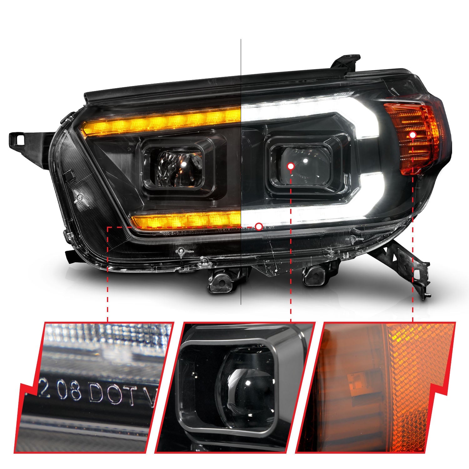TOYOTA 4RUNNER 10-13 PROJECTOR PLANK STYLE HEADLIGHTS BLACK W/ SEQUENTIAL SIGNAL & DRL
