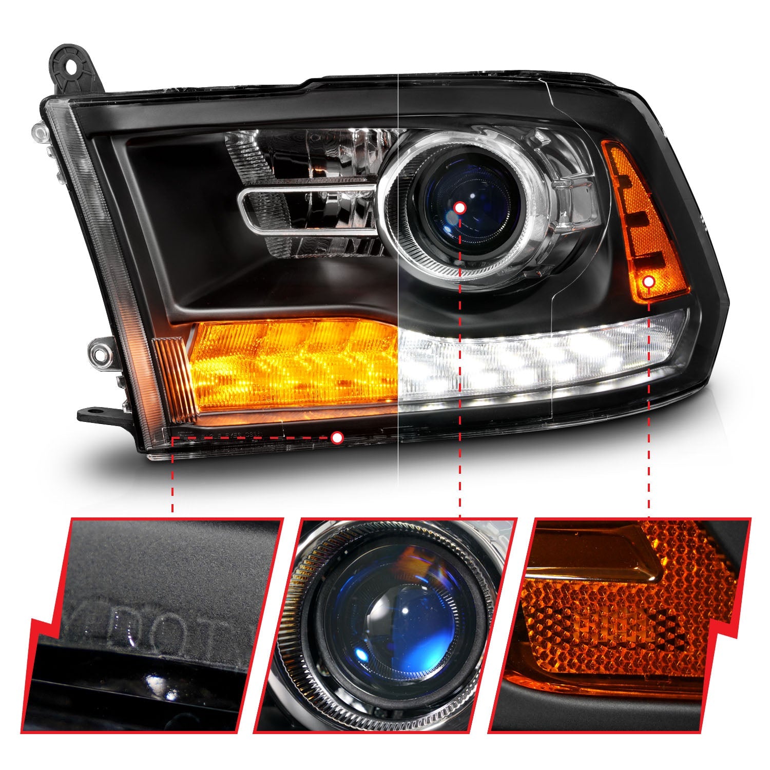 DODGE RAM 1500 09-18 / 2500/3500 10-18 PROJECTOR HEADLIGHTS MATTE BLACK CLEAR LENS W/ SEQUENTIAL SIGNAL (FOR ALL MODELS)