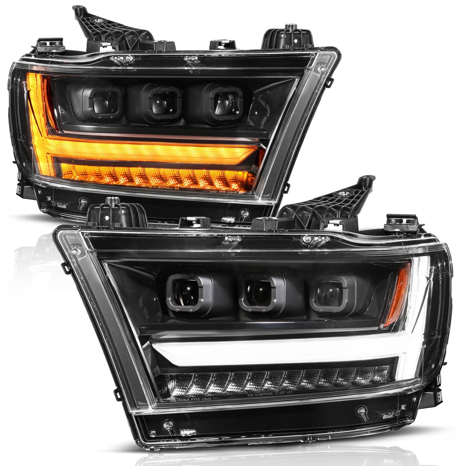RAM 1500 (NEW BODY) 19-24 FULL LED PROJECTOR LIGHT BAR HEADLIGHTS BLACK W/ INITIATION & SEQUENTIAL (FOR HALOGEN MODELS ONLY)